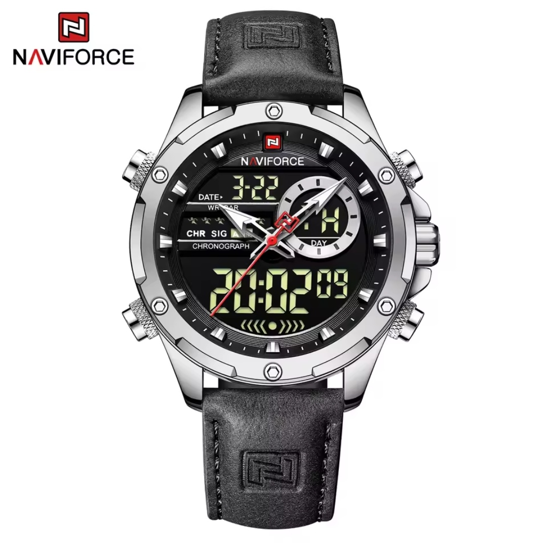 Naviforce 9208 Two Time Gents Belt Watch- Black Dial- Silver Bezel- Black Belt- TF Code NF884BM_img_0