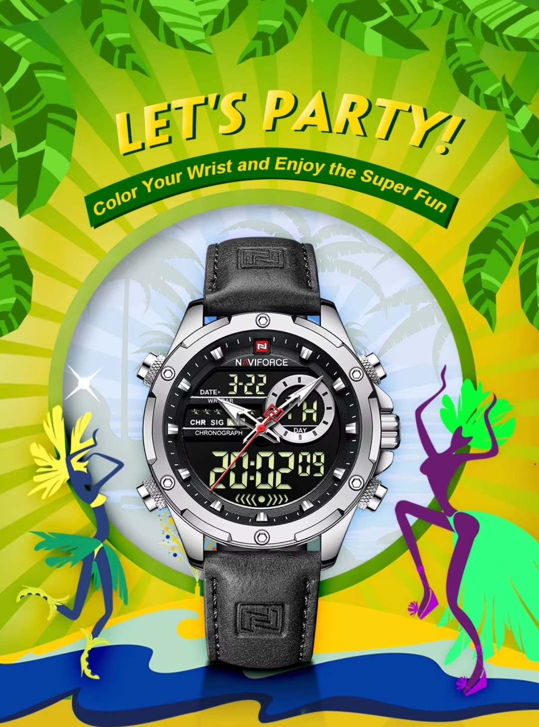 Naviforce 9208 Two Time Gents Belt Watch- Black Dial- Silver Bezel- Black Belt- TF Code NF884BM_img_1