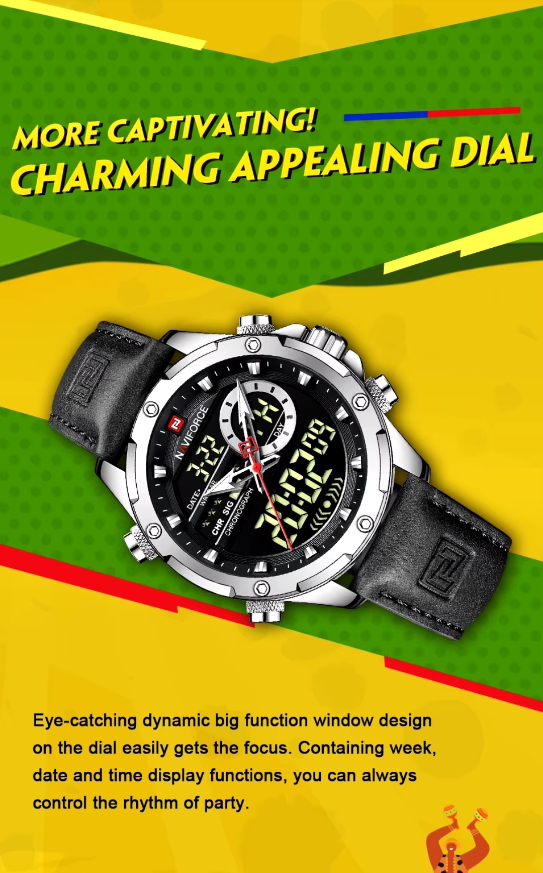 Naviforce 9208 Two Time Gents Belt Watch- Black Dial- Silver Bezel- Black Belt- TF Code NF884BM_img_3