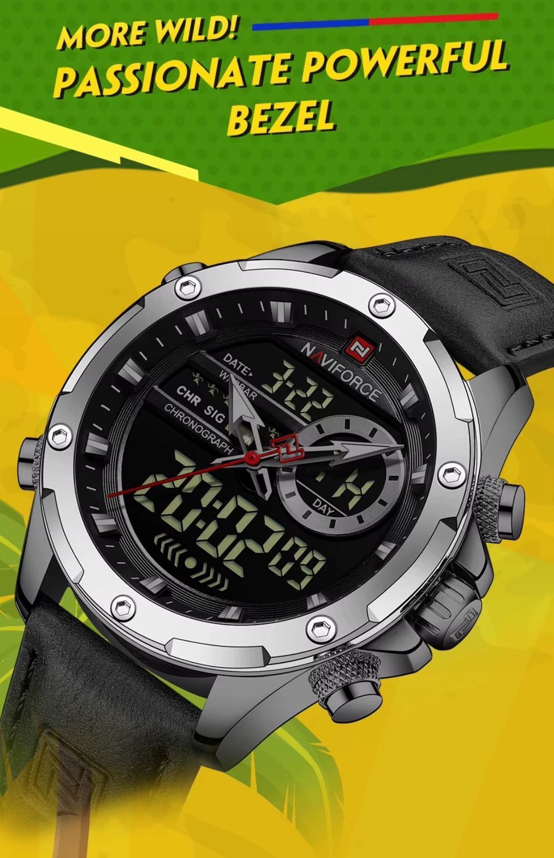 Naviforce 9208 Two Time Gents Belt Watch- Black Dial- Silver Bezel- Black Belt- TF Code NF884BM_img_4