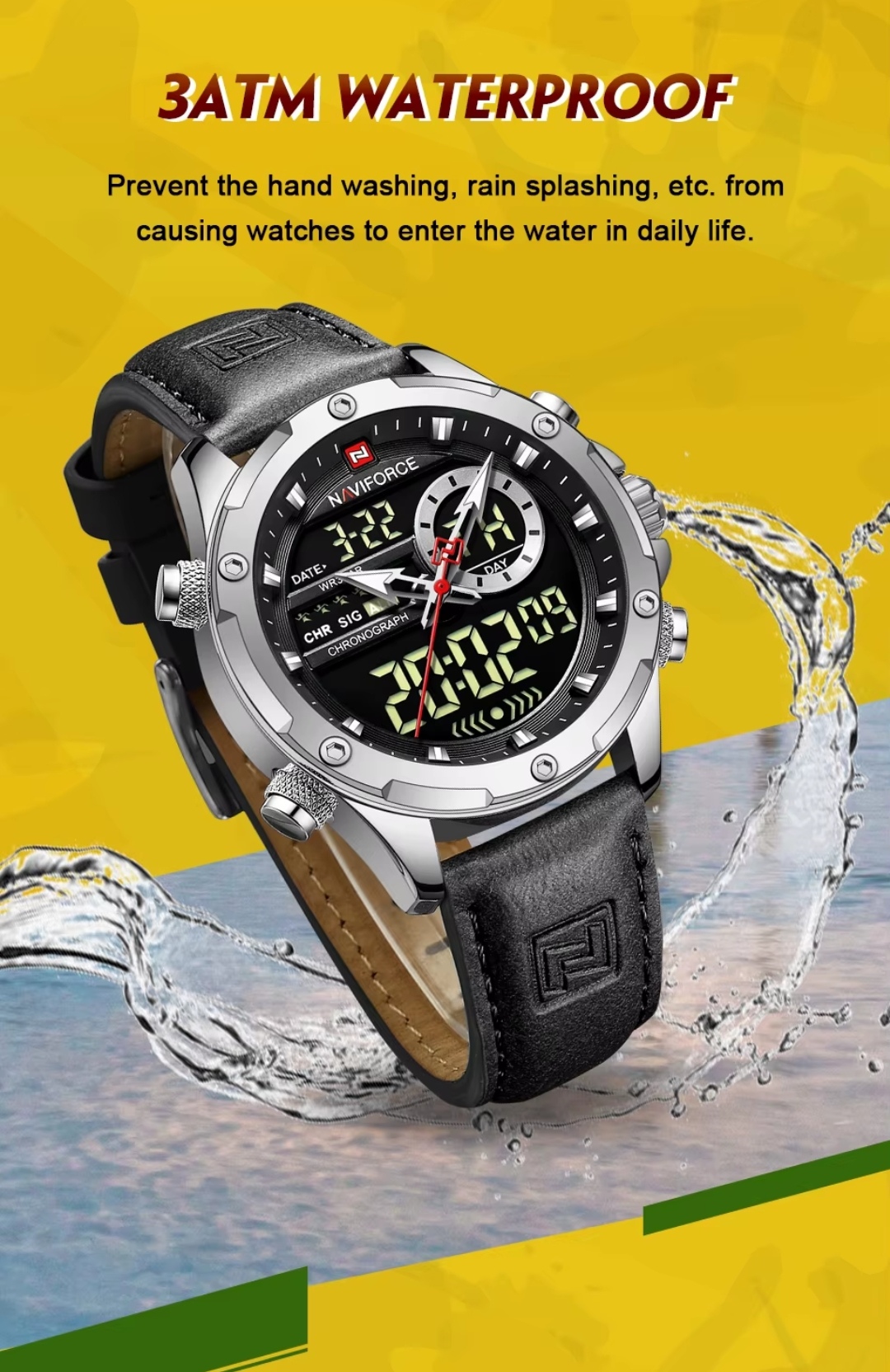 Naviforce 9208 Two Time Gents Belt Watch- Black Dial- Silver Bezel- Black Belt- TF Code NF884BM_img_8