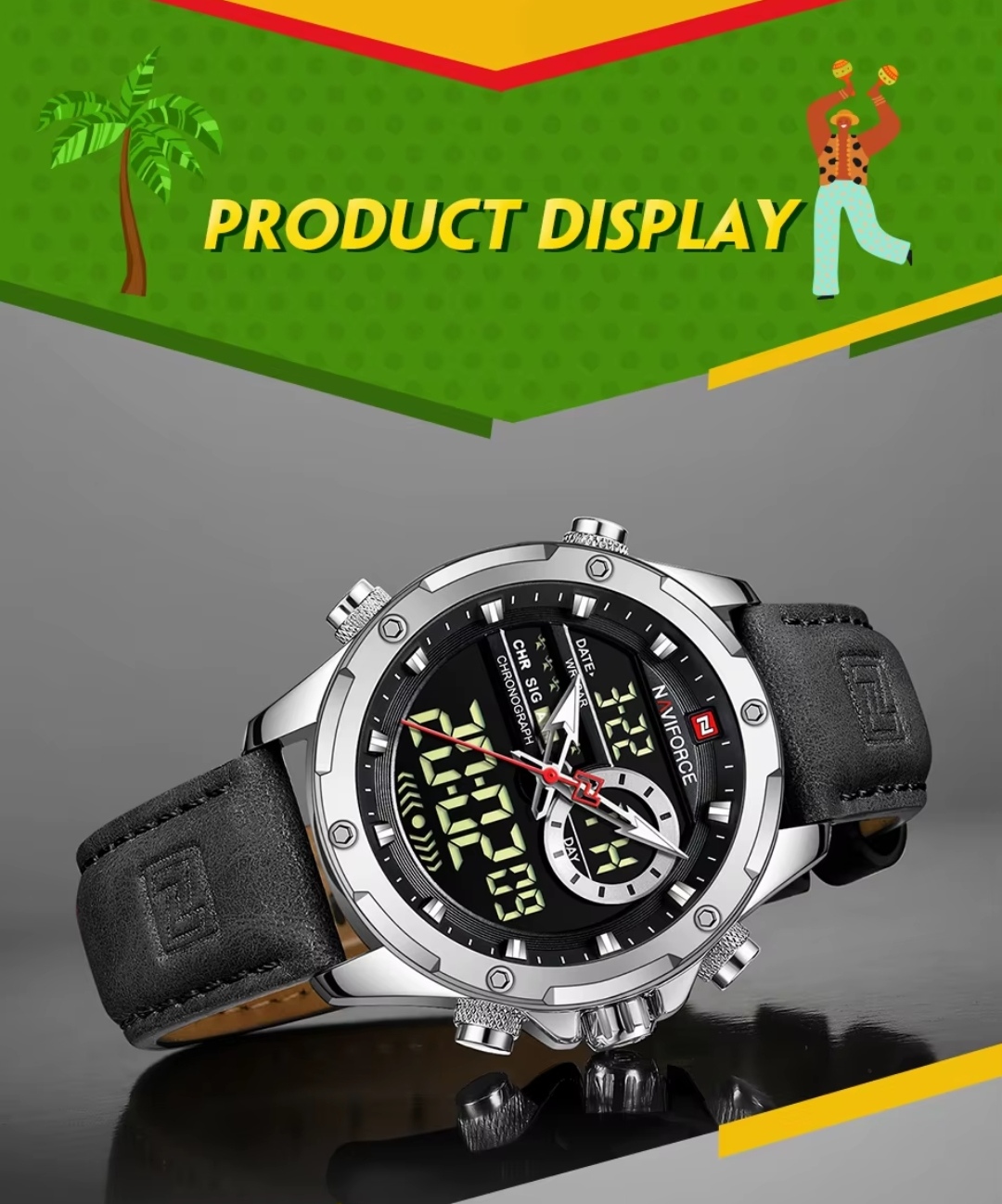 Naviforce 9208 Two Time Gents Belt Watch- Black Dial- Silver Bezel- Black Belt- TF Code NF884BM_img_10