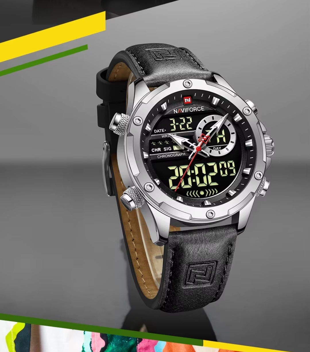 Naviforce 9208 Two Time Gents Belt Watch- Black Dial- Silver Bezel- Black Belt- TF Code NF884BM_img_11