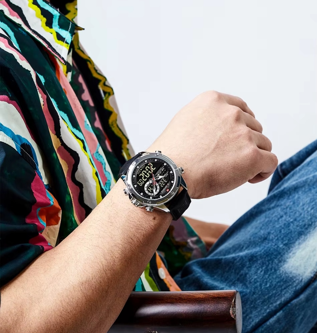 Naviforce 9208 Two Time Gents Belt Watch- Black Dial- Silver Bezel- Black Belt- TF Code NF884BM_img_12