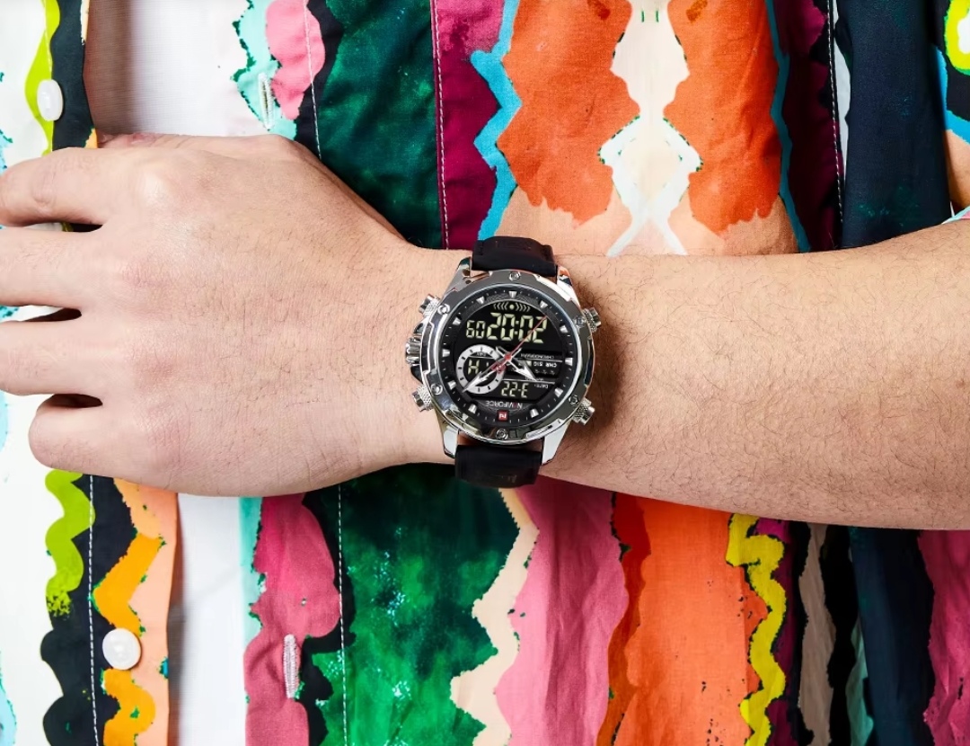 Naviforce 9208 Two Time Gents Belt Watch- Black Dial- Silver Bezel- Black Belt- TF Code NF884BM_img_13