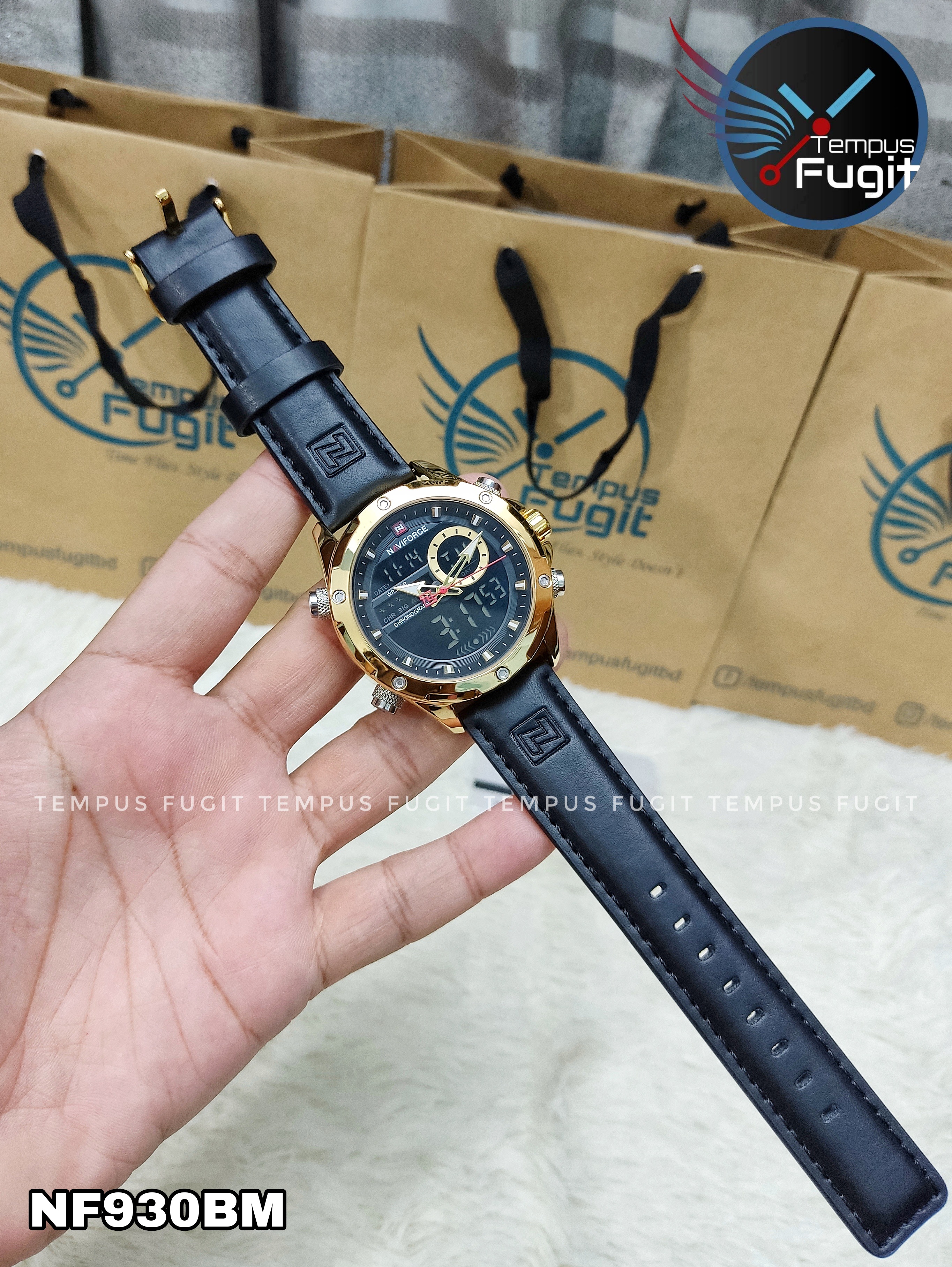 Naviforce 9208 Two Time Gents Belt Watch- Black Dial- Golden Bezel- Black Belt- TF Code NF930BM_img_14