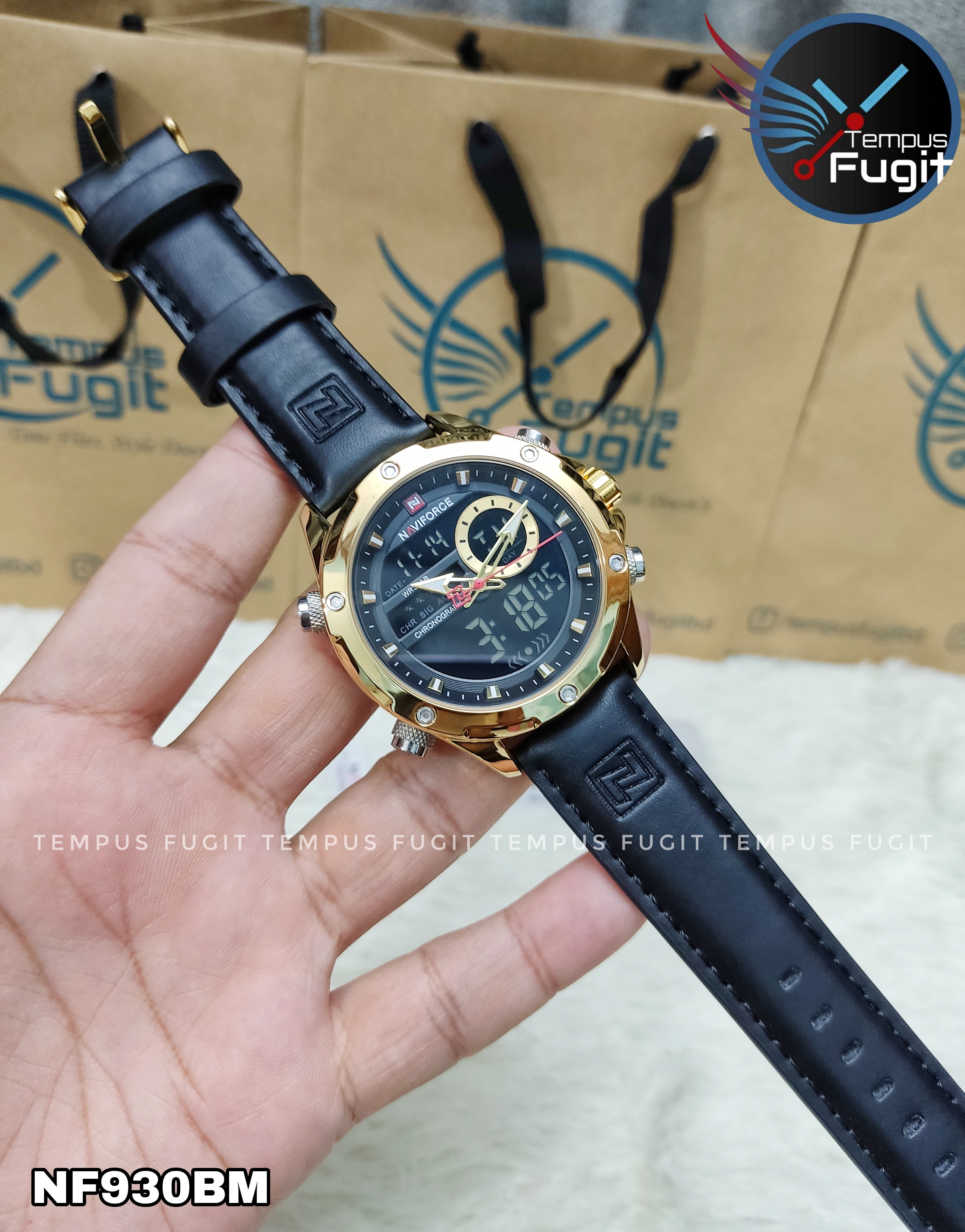 Naviforce 9208 Two Time Gents Belt Watch- Black Dial- Golden Bezel- Black Belt- TF Code NF930BM_img_15