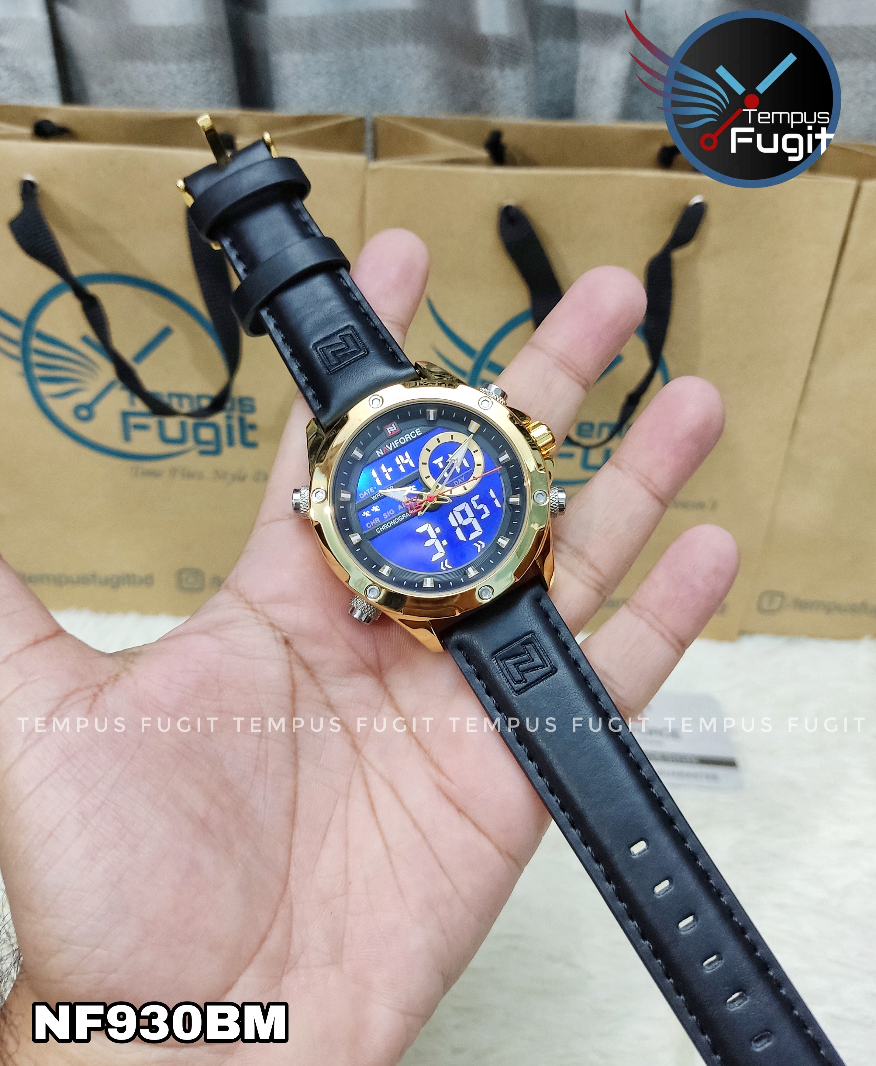 Naviforce 9208 Two Time Gents Belt Watch- Black Dial- Golden Bezel- Black Belt- TF Code NF930BM_img_16