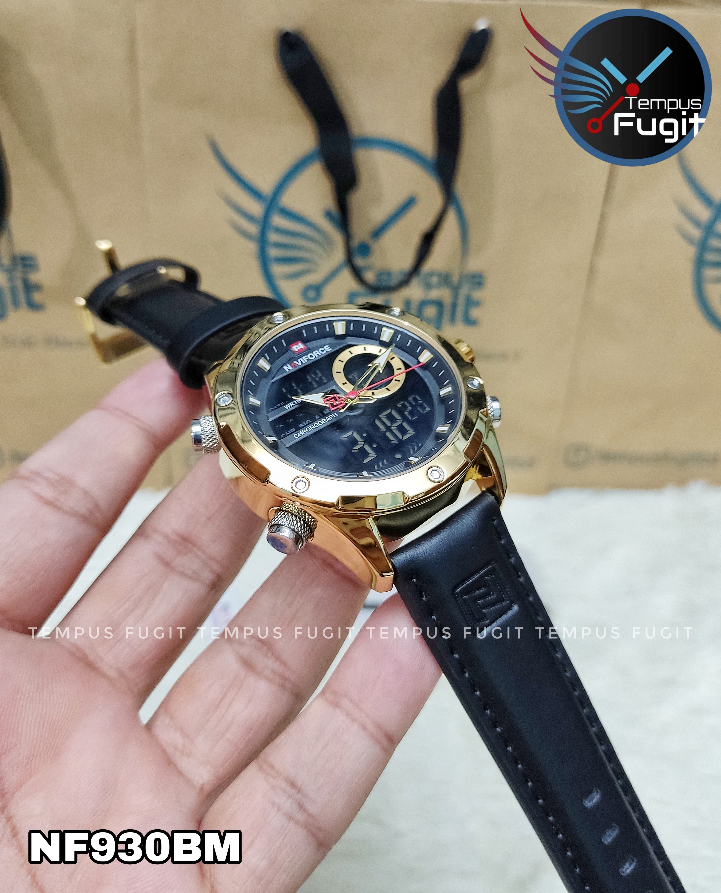 Naviforce 9208 Two Time Gents Belt Watch- Black Dial- Golden Bezel- Black Belt- TF Code NF930BM_img_17