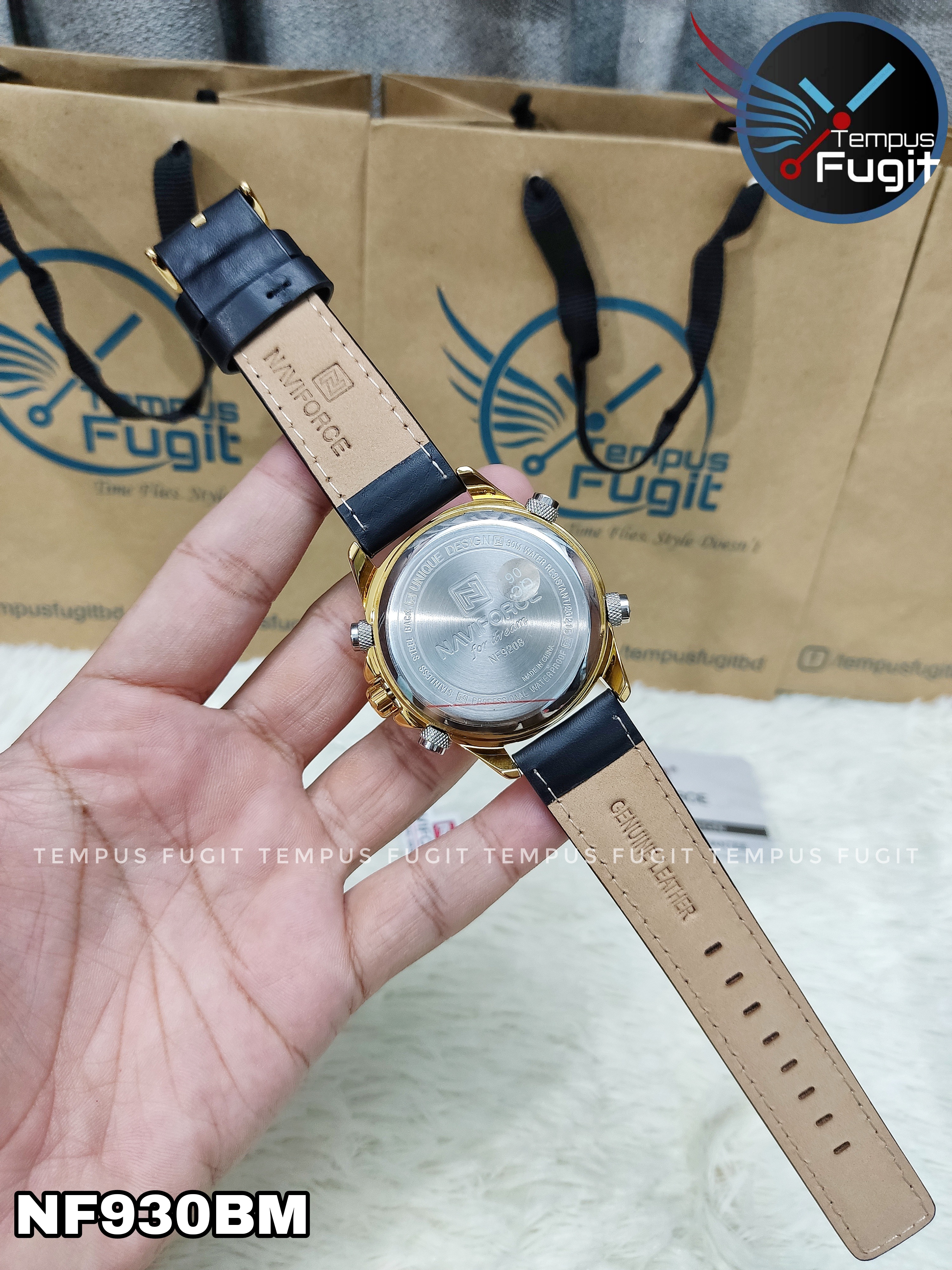 Naviforce 9208 Two Time Gents Belt Watch- Black Dial- Golden Bezel- Black Belt- TF Code NF930BM_img_19