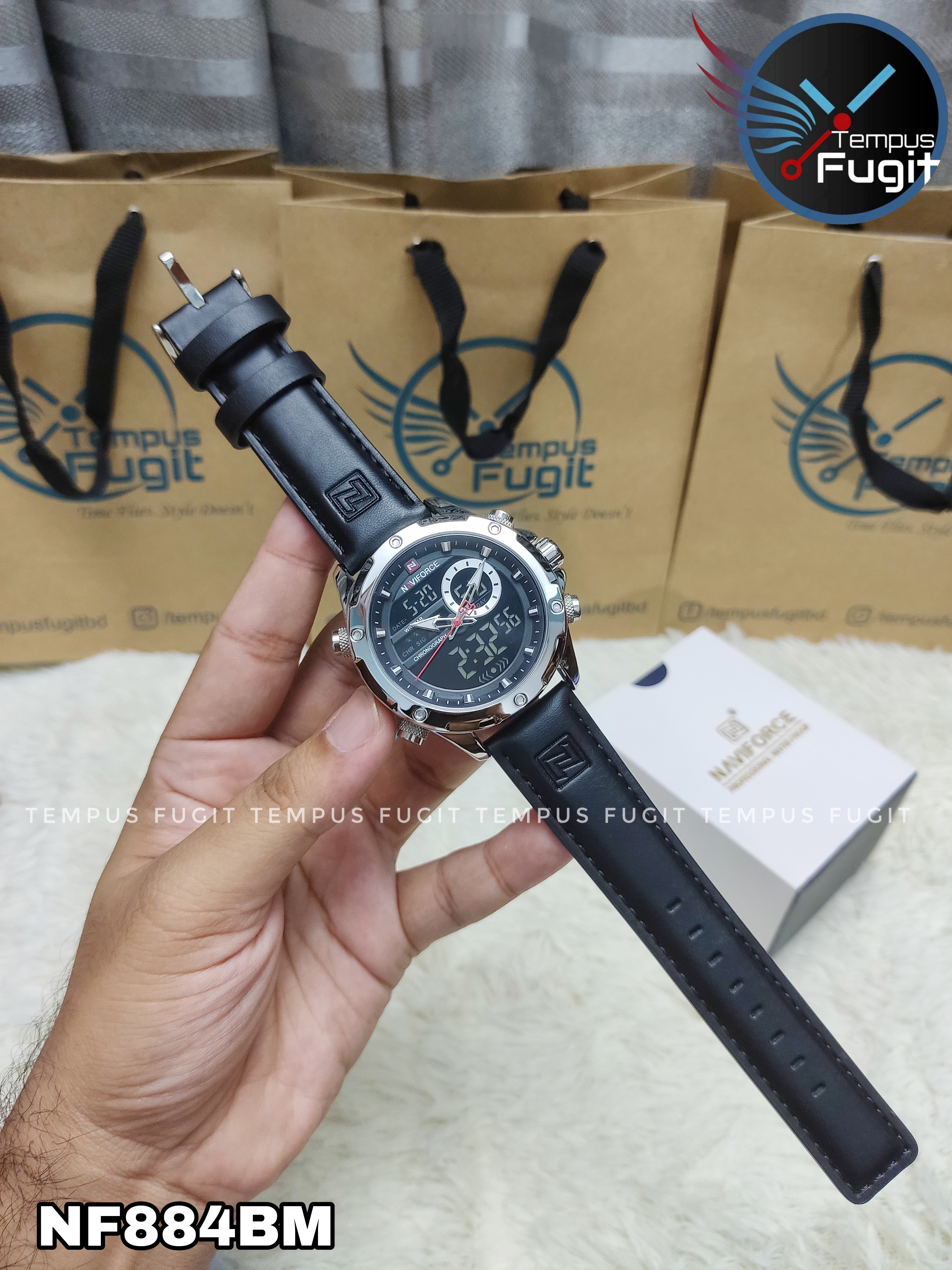 Naviforce 9208 Two Time Gents Belt Watch- Black Dial- Silver Bezel- Black Belt- TF Code NF884BM_img_14