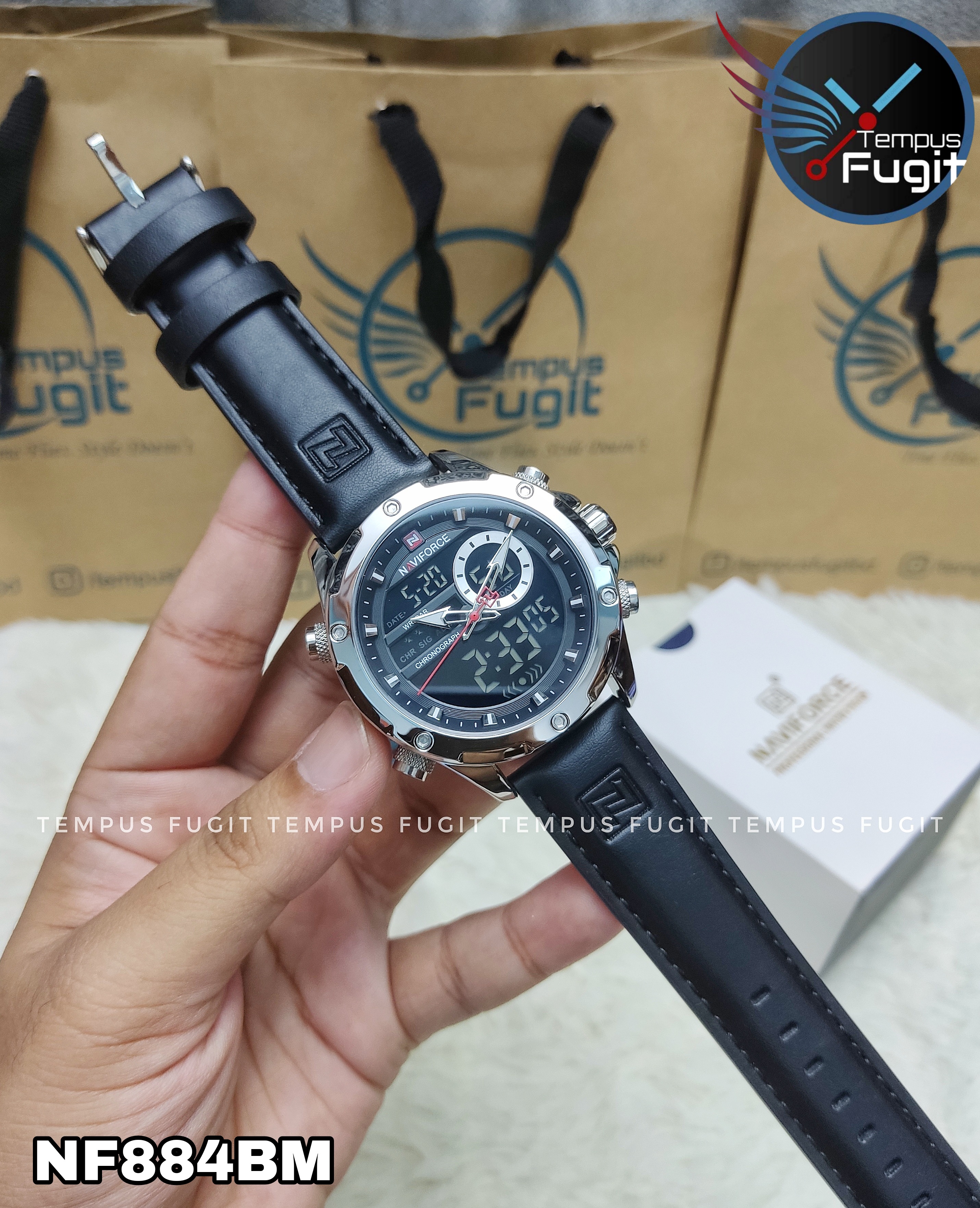 Naviforce 9208 Two Time Gents Belt Watch- Black Dial- Silver Bezel- Black Belt- TF Code NF884BM_img_15