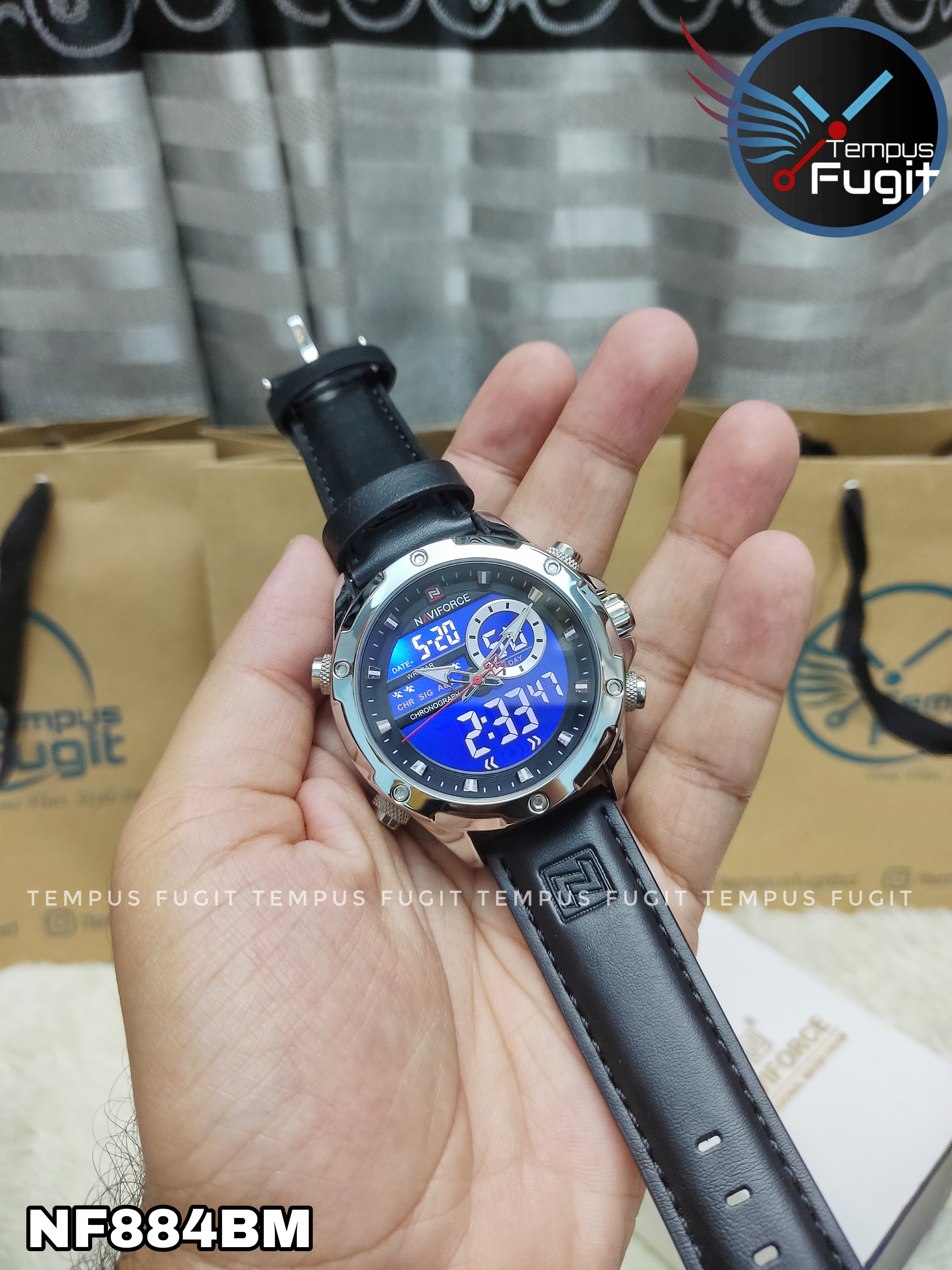 Naviforce 9208 Two Time Gents Belt Watch- Black Dial- Silver Bezel- Black Belt- TF Code NF884BM_img_16