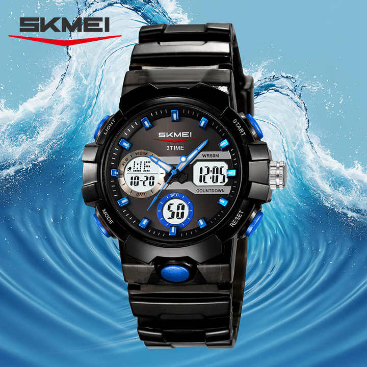 SKMEI 2386 Analogue+Digital Silicone Strap Sports Watch- Black Dial with Blue Markings- Black Bezel- Black Strap- TF Code SK966DB_img_0