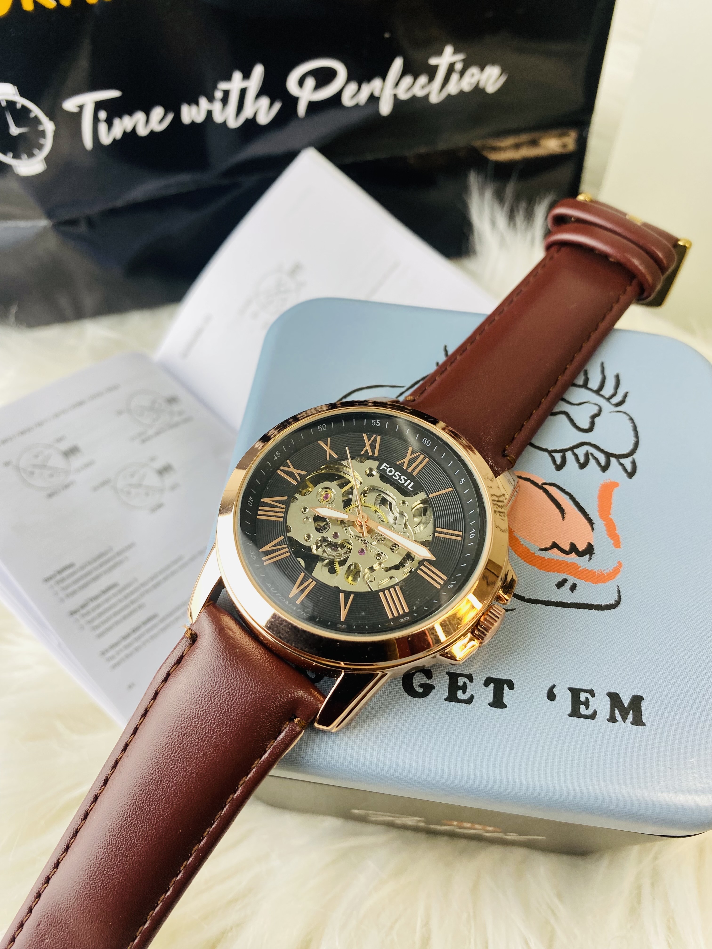 Fossil Automatic Dial black leather dark brown