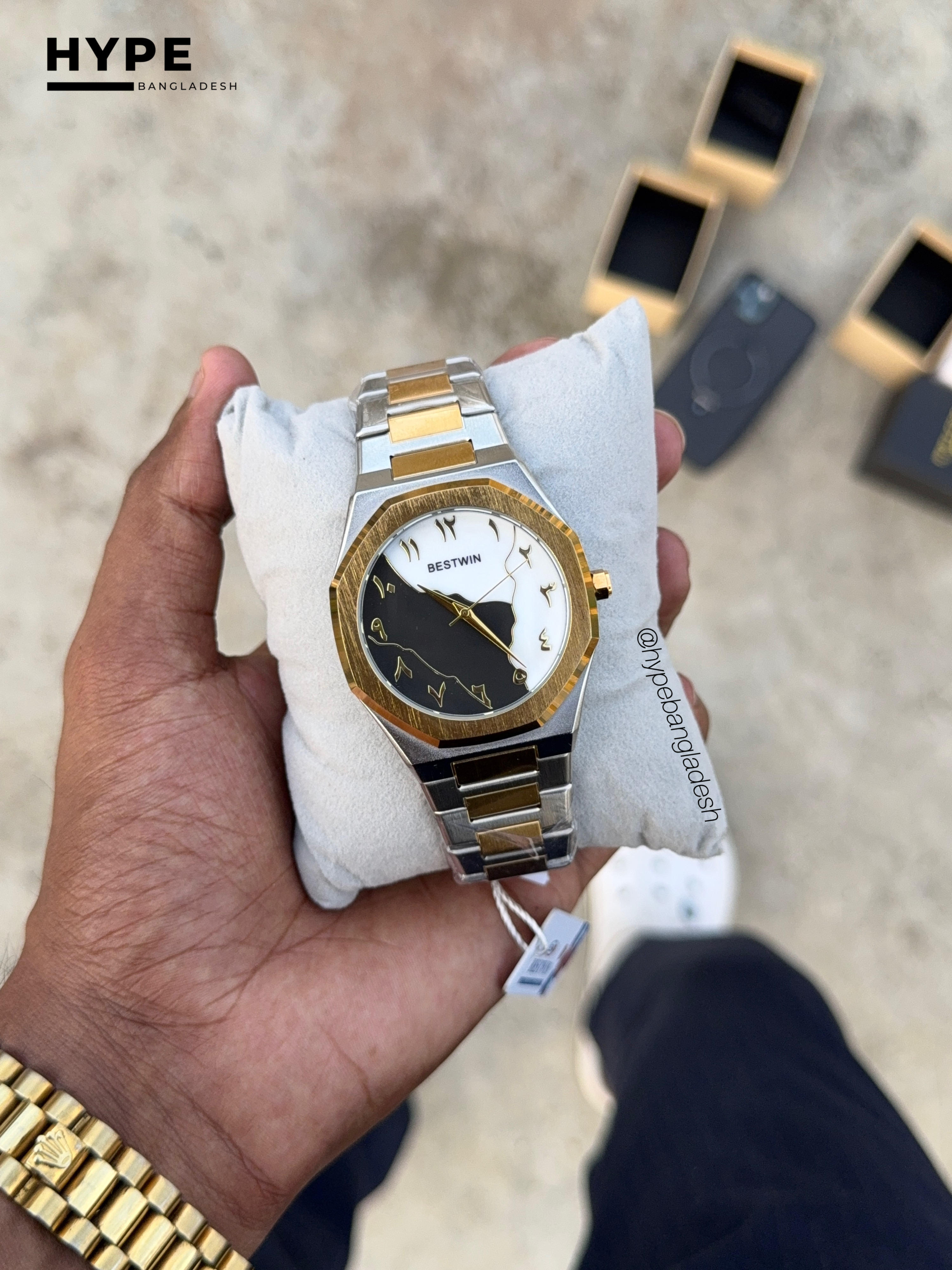 Arabic Dial Bestwin Stainless Steel Heavyweight Watch (Silver-Gold Chain)_img_1