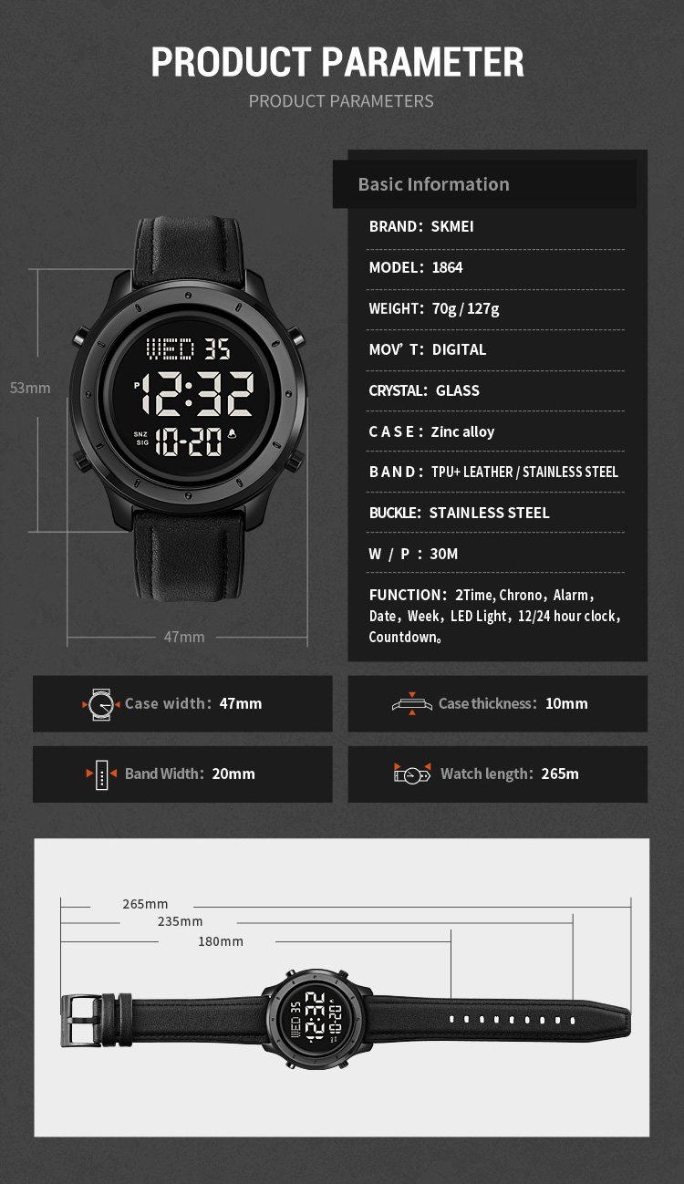 SKMEI 1864 Digital Watch- Black Dial- Black Bezel- Brown Strap- TF Code SK963DB_img_4