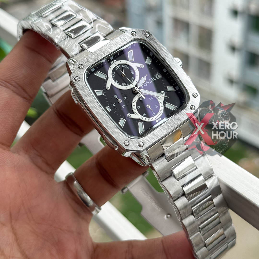 Fossil Square TV Shape Chronograph | Silver Bodyu with Black dial