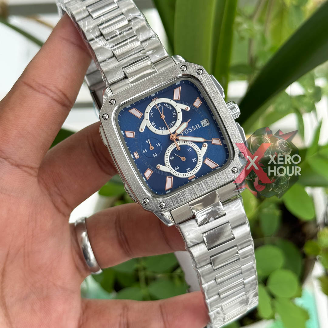 Fossil Square TV Shape Chronograph | Silver Chain Blue Dial_img_5