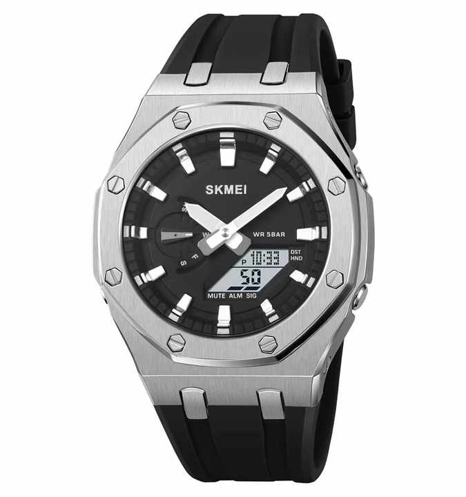 SKMEI 2243 Analogue+Digital Silicone Strap Sports Watch- Black Dial with White Markings- Silver Bezel- Black Strap- TF Code SK959DB_img_0