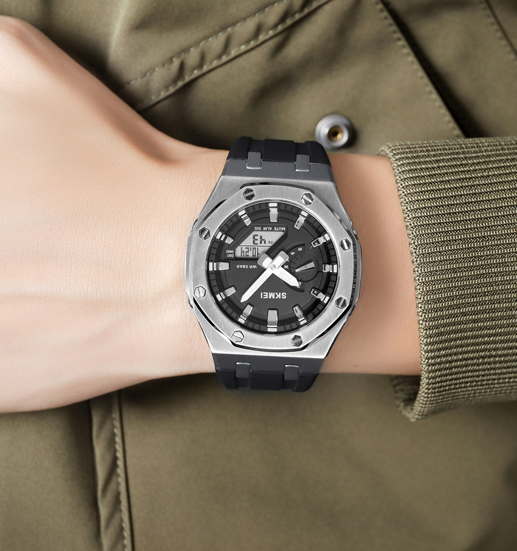 SKMEI 2243 Analogue+Digital Silicone Strap Sports Watch- Black Dial with White Markings- Silver Bezel- Black Strap- TF Code SK959DB_img_1