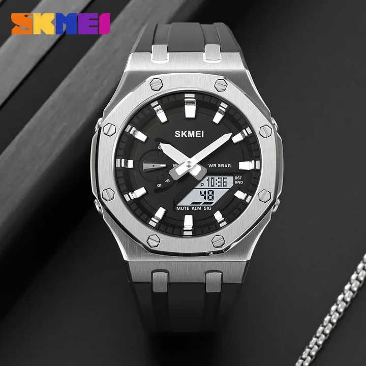 SKMEI 2243 Analogue+Digital Silicone Strap Sports Watch- Black Dial with White Markings- Silver Bezel- Black Strap- TF Code SK959DB_img_3