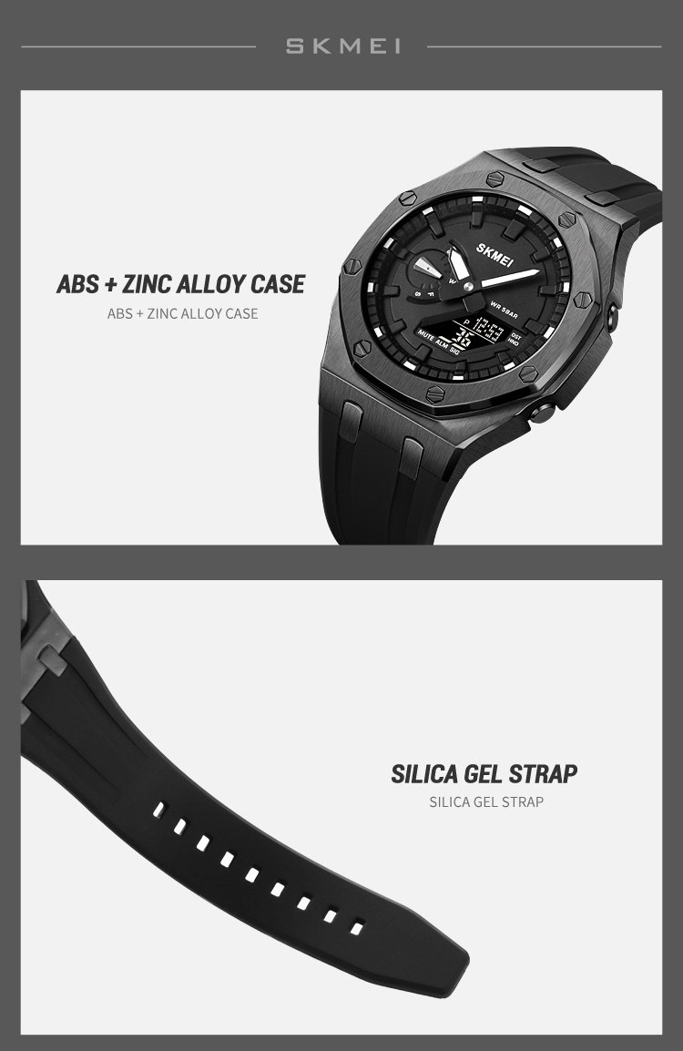 SKMEI 2243 Analogue+Digital Silicone Strap Sports Watch- Black Dial with White Markings- Silver Bezel- Black Strap- TF Code SK959DB_img_4