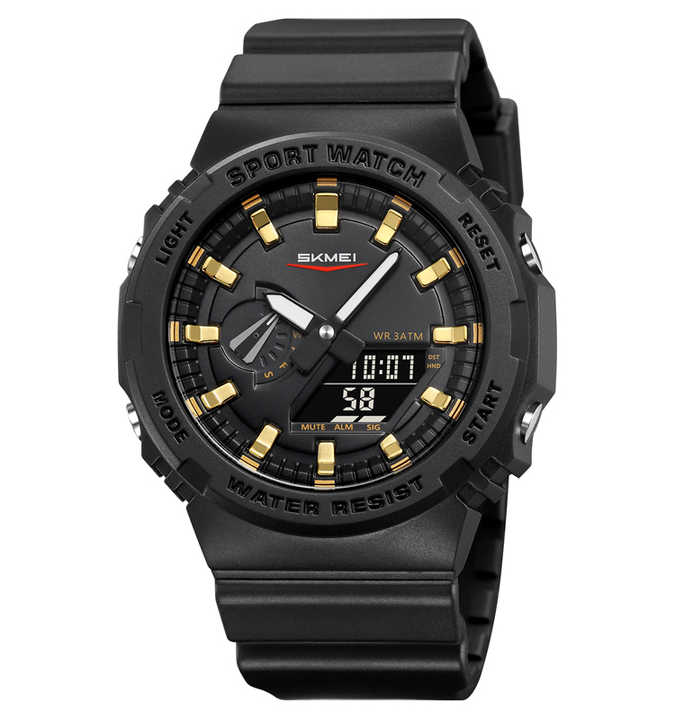 SKMEI 2351 Analogue+Digital Silicone Strap Sports Watch- Black Dial with Golden Markings- Black Bezel- Black Strap- TF Code SK958DB_img_0