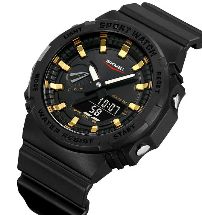 SKMEI 2351 Analogue+Digital Silicone Strap Sports Watch- Black Dial with Golden Markings- Black Bezel- Black Strap- TF Code SK958DB_img_1