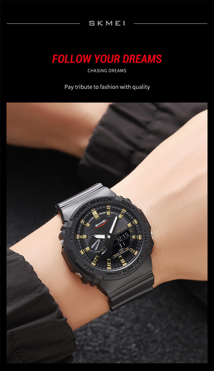SKMEI 2351 Analogue+Digital Silicone Strap Sports Watch- Black Dial with Golden Markings- Black Bezel- Black Strap- TF Code SK958DB_img_2