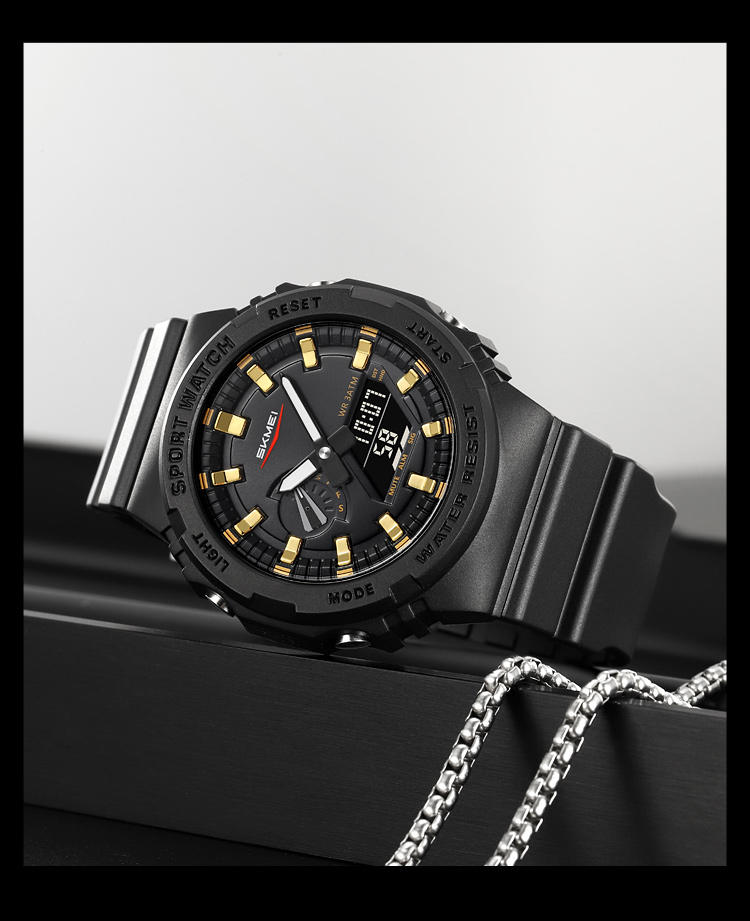 SKMEI 2351 Analogue+Digital Silicone Strap Sports Watch- Black Dial with Golden Markings- Black Bezel- Black Strap- TF Code SK958DB_img_3