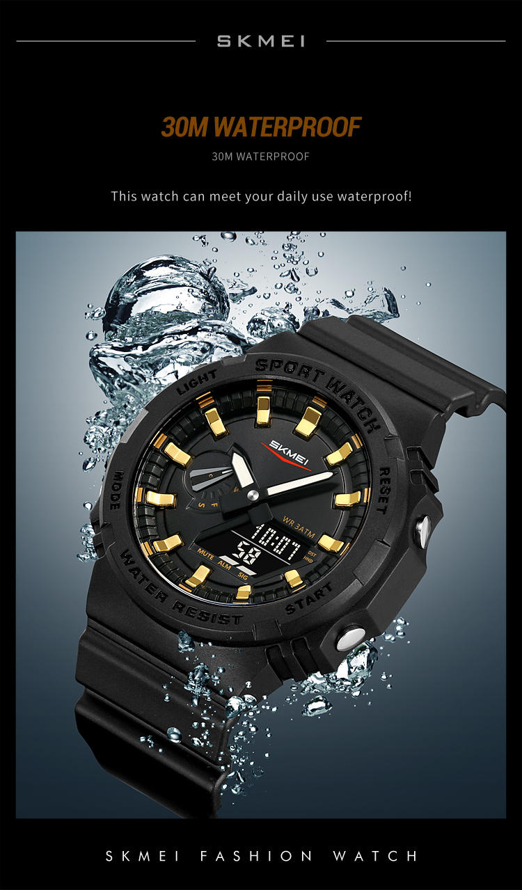 SKMEI 2351 Analogue+Digital Silicone Strap Sports Watch- Black Dial with Golden Markings- Black Bezel- Black Strap- TF Code SK958DB_img_4