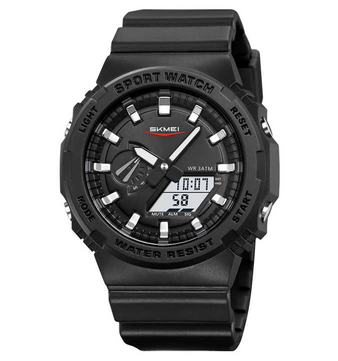 SKMEI 2351 Analogue+Digital Silicone Strap Sports Watch- Black Dial with Silver Markings- Black Bezel- Black Strap- TF Code SK957DB_img_0
