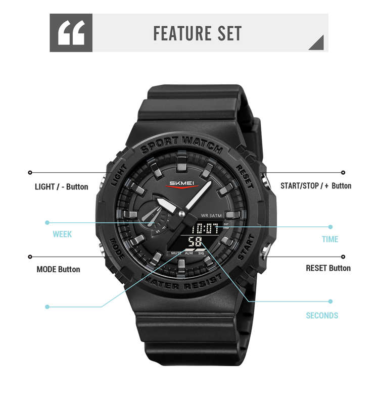 SKMEI 2351 Analogue+Digital Silicone Strap Sports Watch- Black Dial with Silver Markings- Black Bezel- Black Strap- TF Code SK957DB_img_10