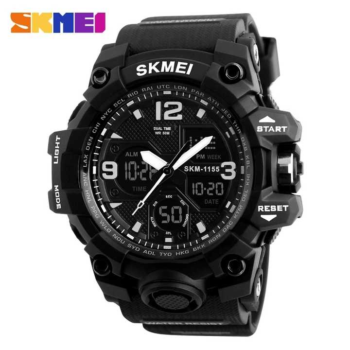 SKMEI 1155 Analogue+Digital Silicone Strap Sports Watch- Black Dial- Black Bezel- Black Strap- TF Code SK956DB_img_0