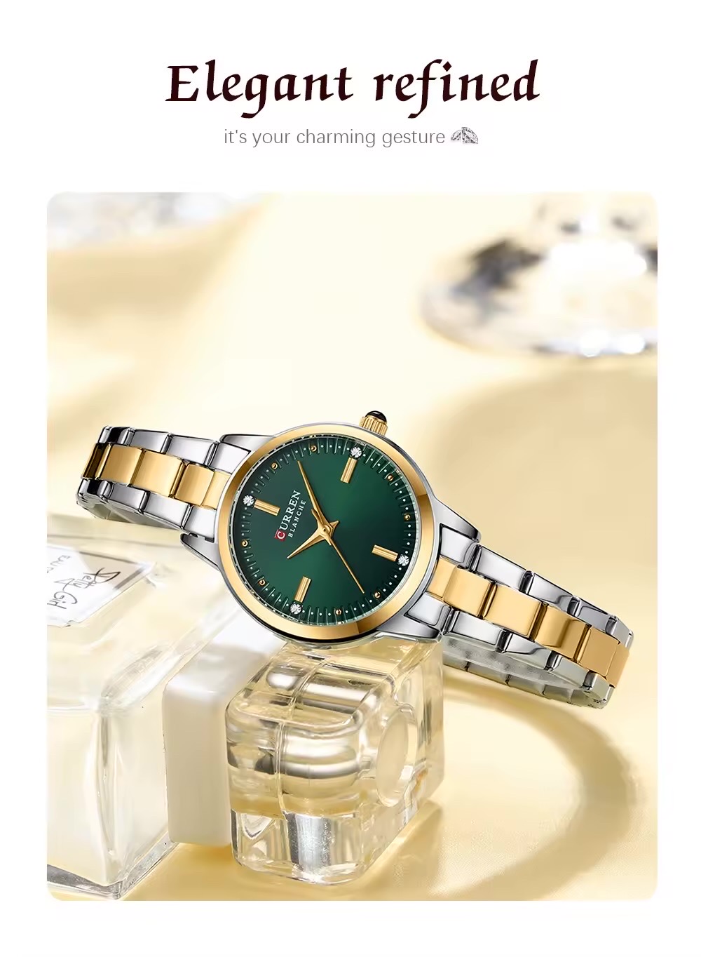 Curren 9094 Ladies Chain Watch- Green Dial- Golden Bezel- Silver+Golden Chain- TF Code CR949CF_img_1