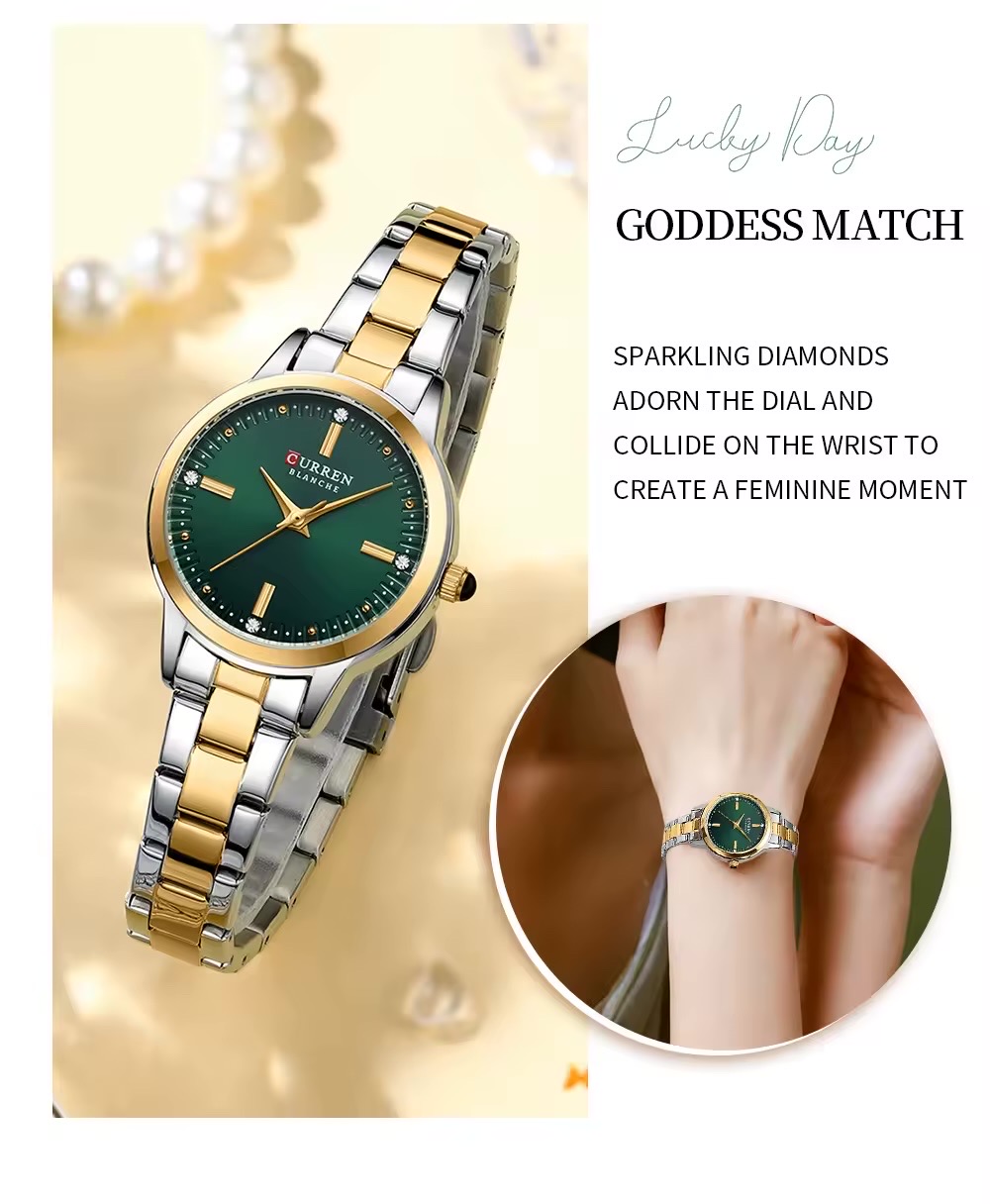 Curren 9094 Ladies Chain Watch- Green Dial- Golden Bezel- Silver+Golden Chain- TF Code CR949CF_img_7