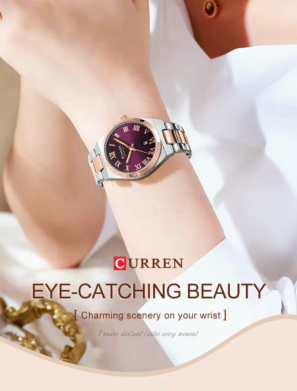 Curren 9095 Ladies Chain Watch- Purple Dial- Rose Golden Bezel- Silver+Rose Golden Chain- TF Code CR947CF_img_1