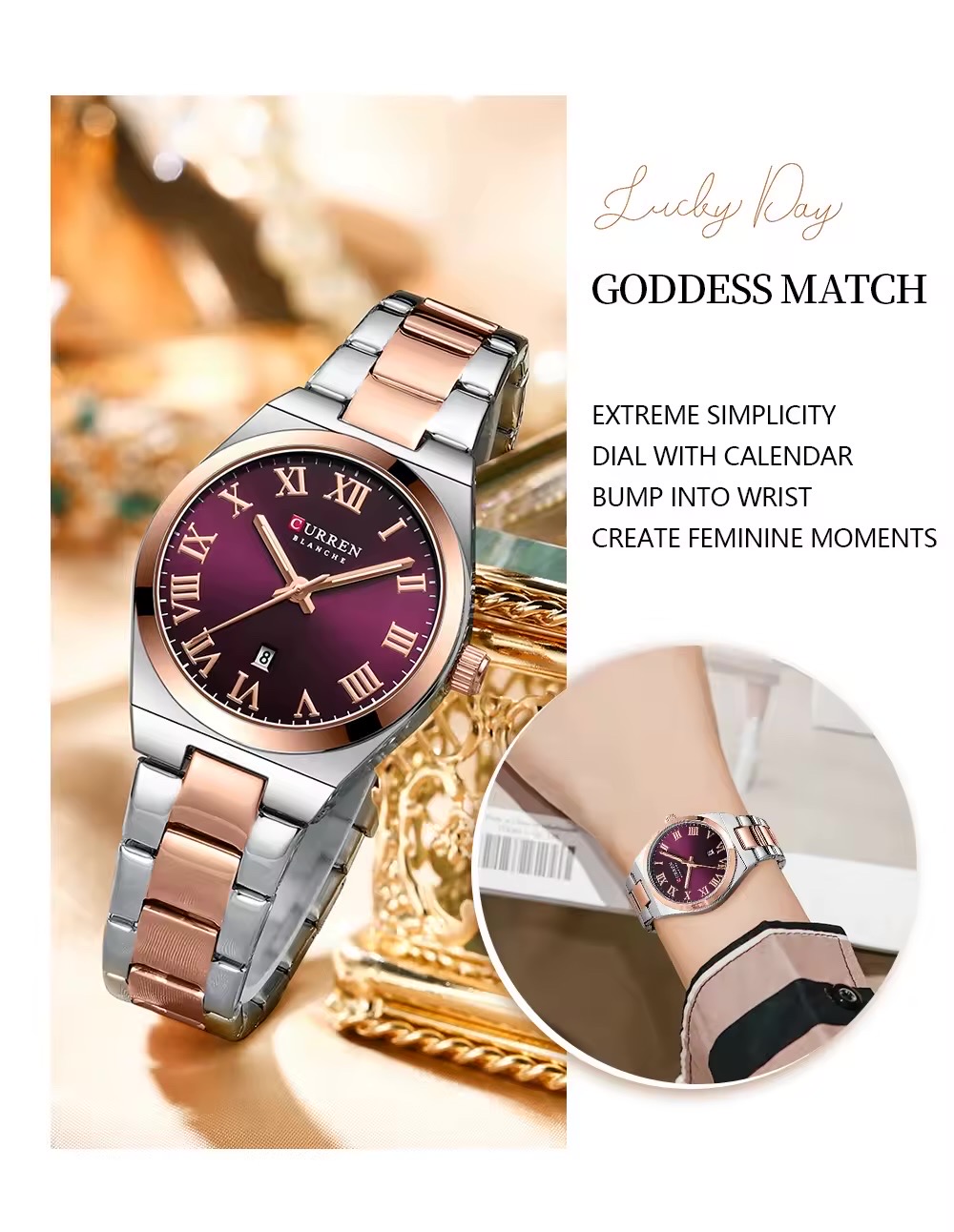 Curren 9095 Ladies Chain Watch- Purple Dial- Rose Golden Bezel- Silver+Rose Golden Chain- TF Code CR947CF_img_2