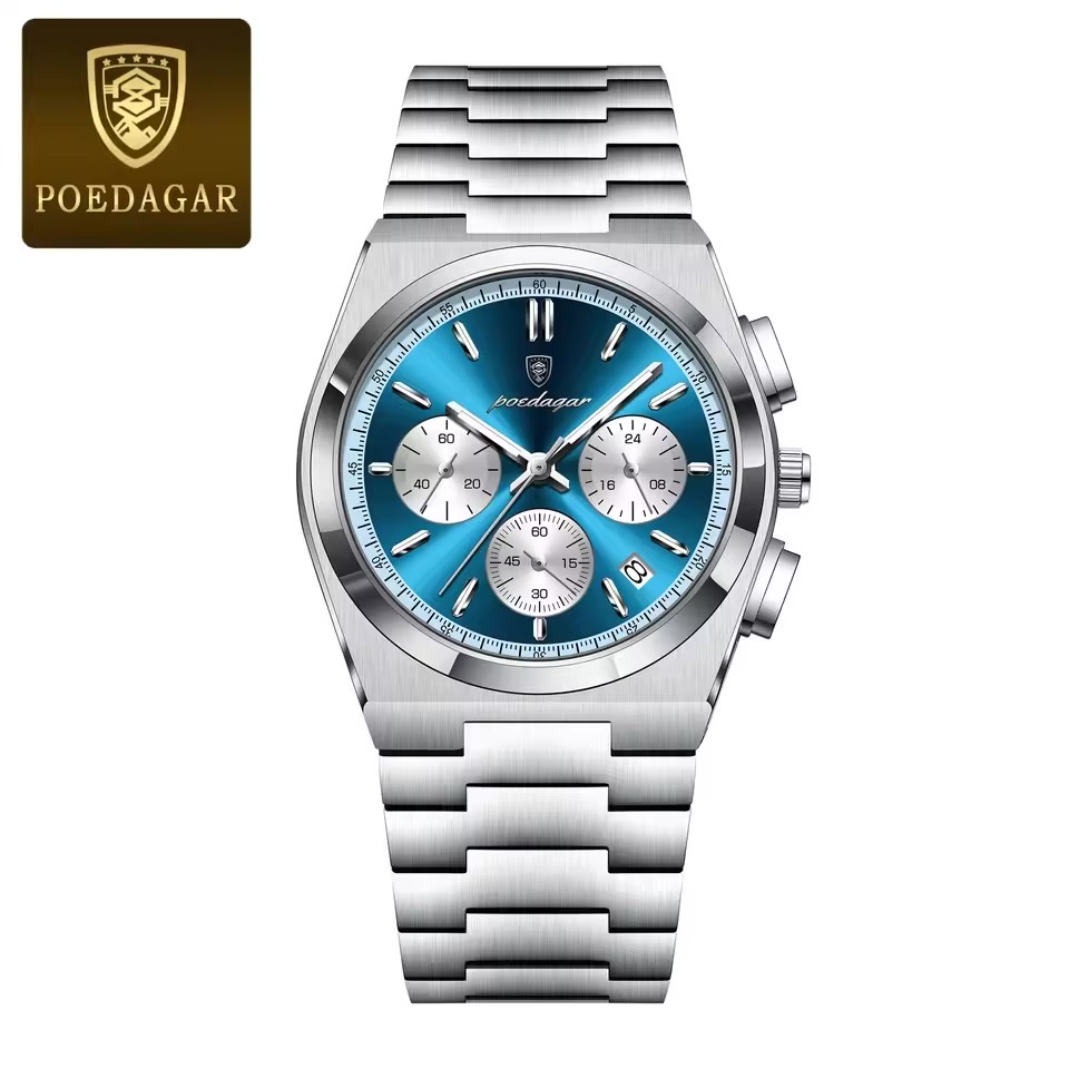 Poedagar 970 Gents Chronograph Chain Watch- Blue Dial- Silver Bezel- Silver Chain- TF Code PD953CM_img_0