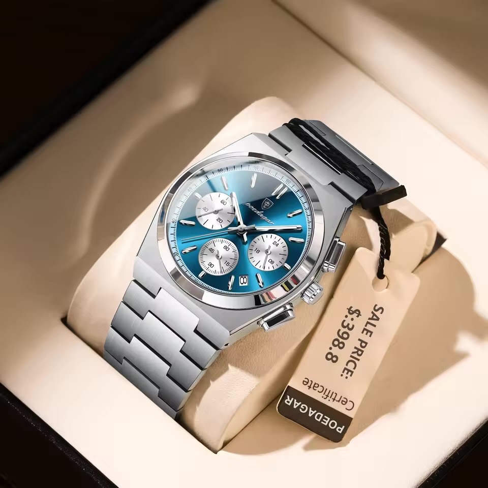 Poedagar 970 Gents Chronograph Chain Watch- Blue Dial- Silver Bezel- Silver Chain- TF Code PD953CM_img_3