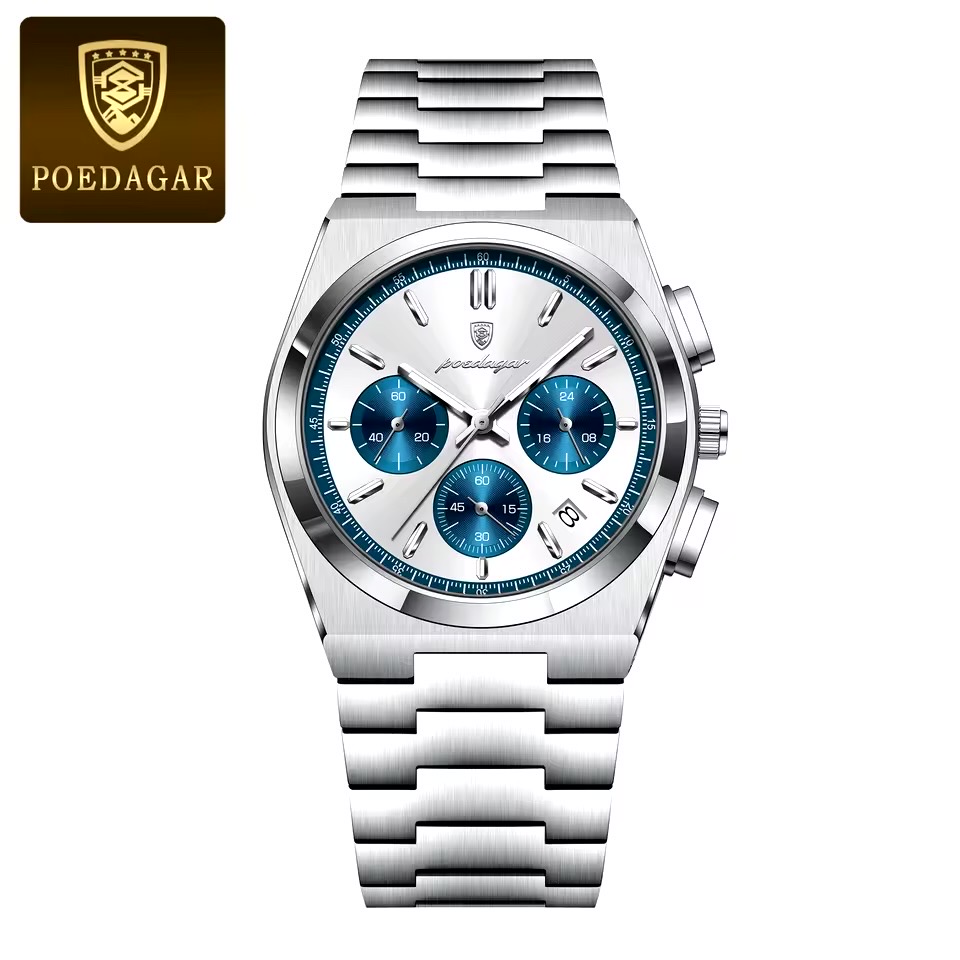 Poedagar 970 Gents Chronograph Chain Watch- Silver+Blue Dial- Silver Bezel- Silver Chain- TF Code PD952CM_img_0