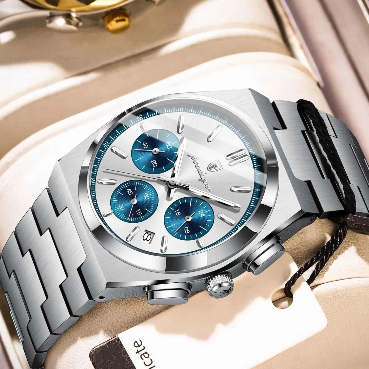 Poedagar 970 Gents Chronograph Chain Watch- Silver+Blue Dial- Silver Bezel- Silver Chain- TF Code PD952CM_img_1