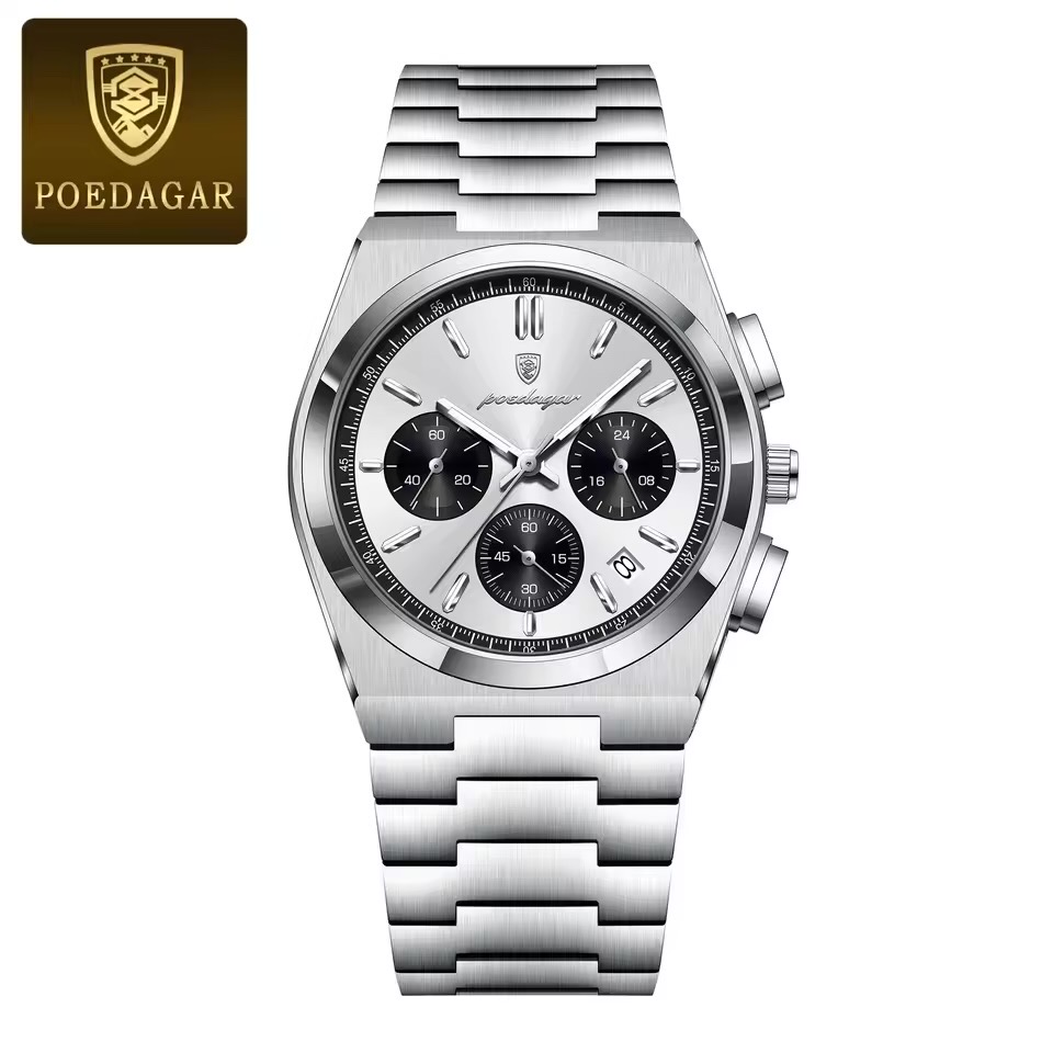 Poedagar 970 Gents Chronograph Chain Watch- Silver+Black Dial- Silver Bezel- Silver Chain- TF Code PD951CM_img_0