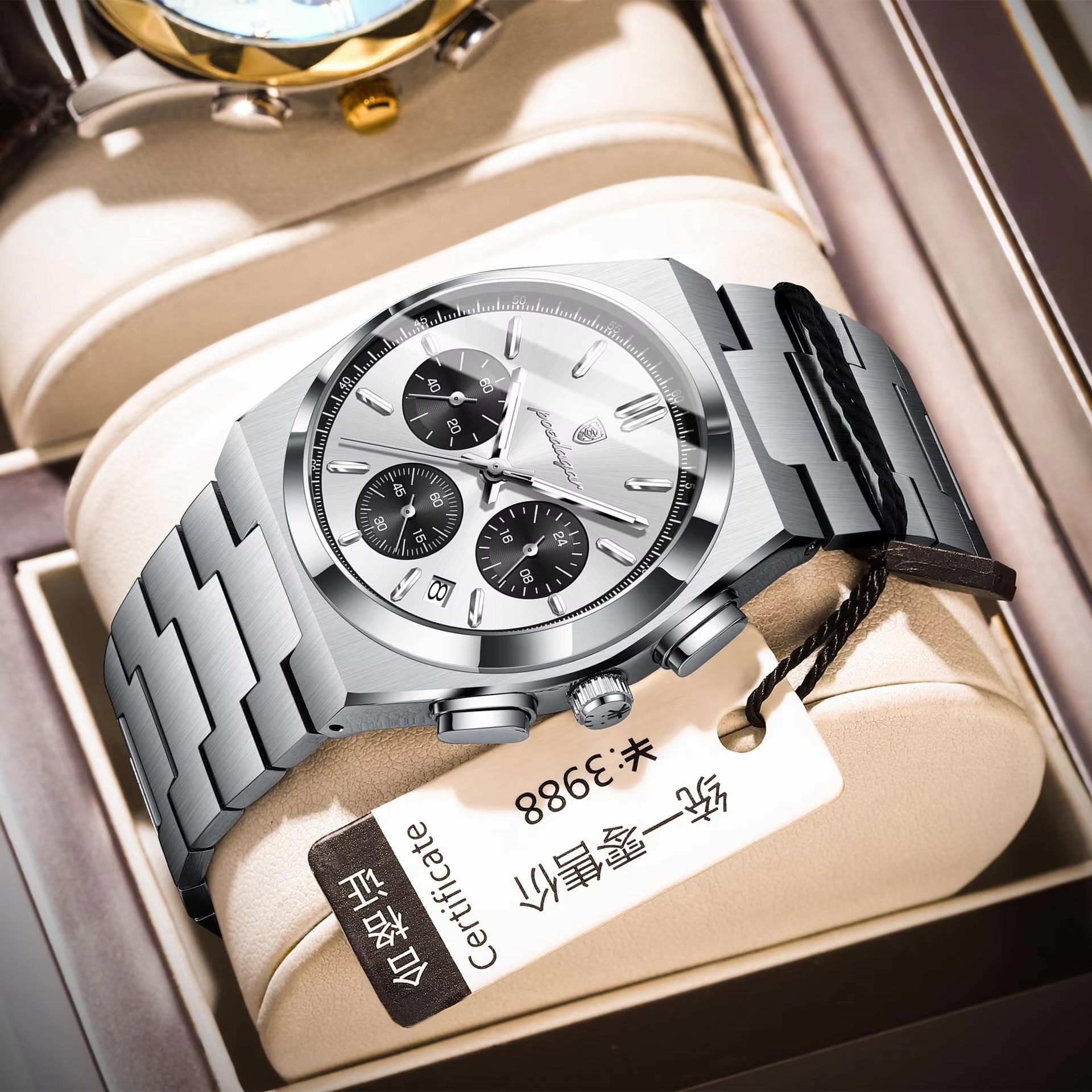 Poedagar 970 Gents Chronograph Chain Watch- Silver+Black Dial- Silver Bezel- Silver Chain- TF Code PD951CM_img_1