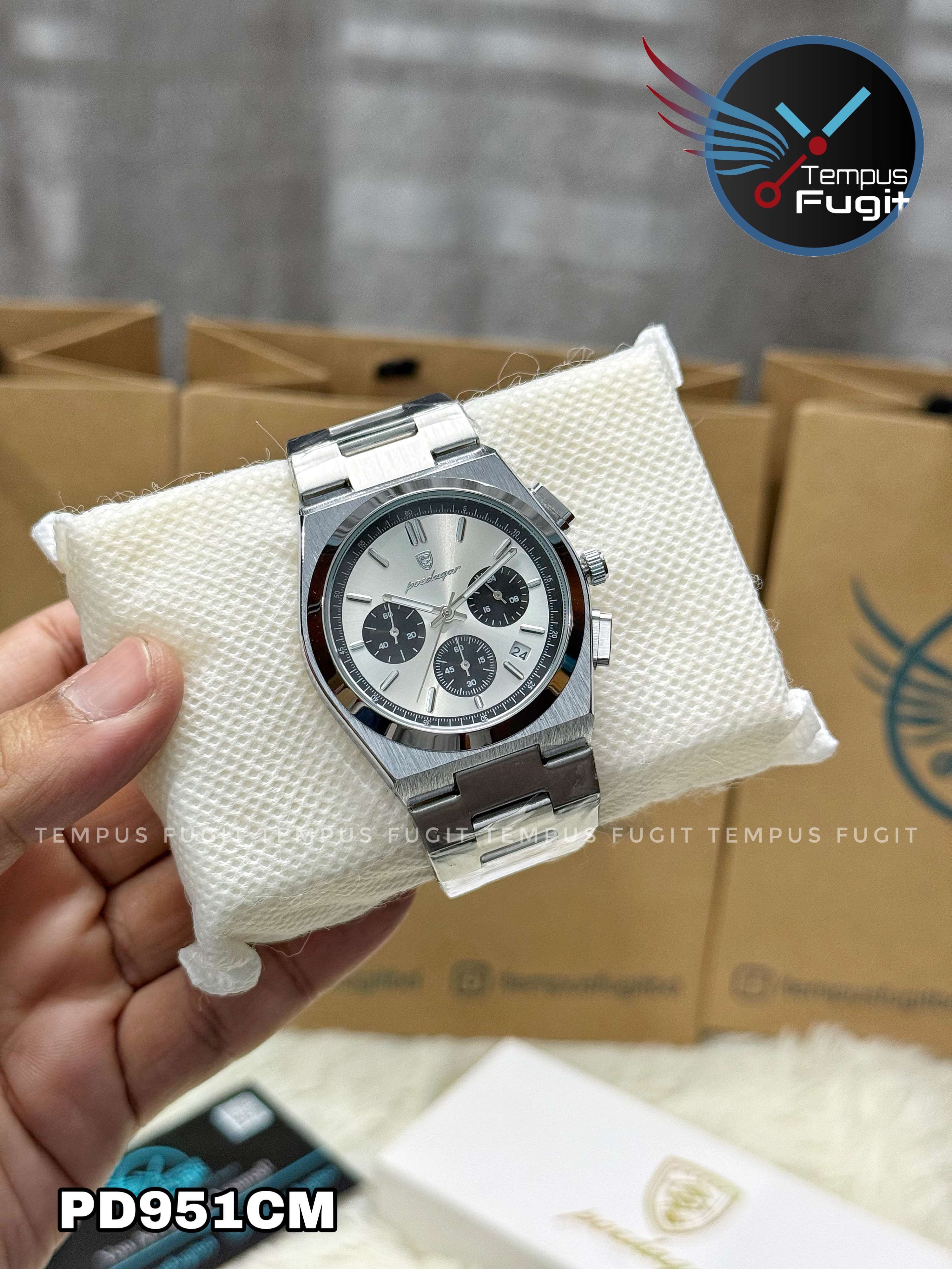Poedagar 970 Gents Chronograph Chain Watch- Silver+Black Dial- Silver Bezel- Silver Chain- TF Code PD951CM_img_2