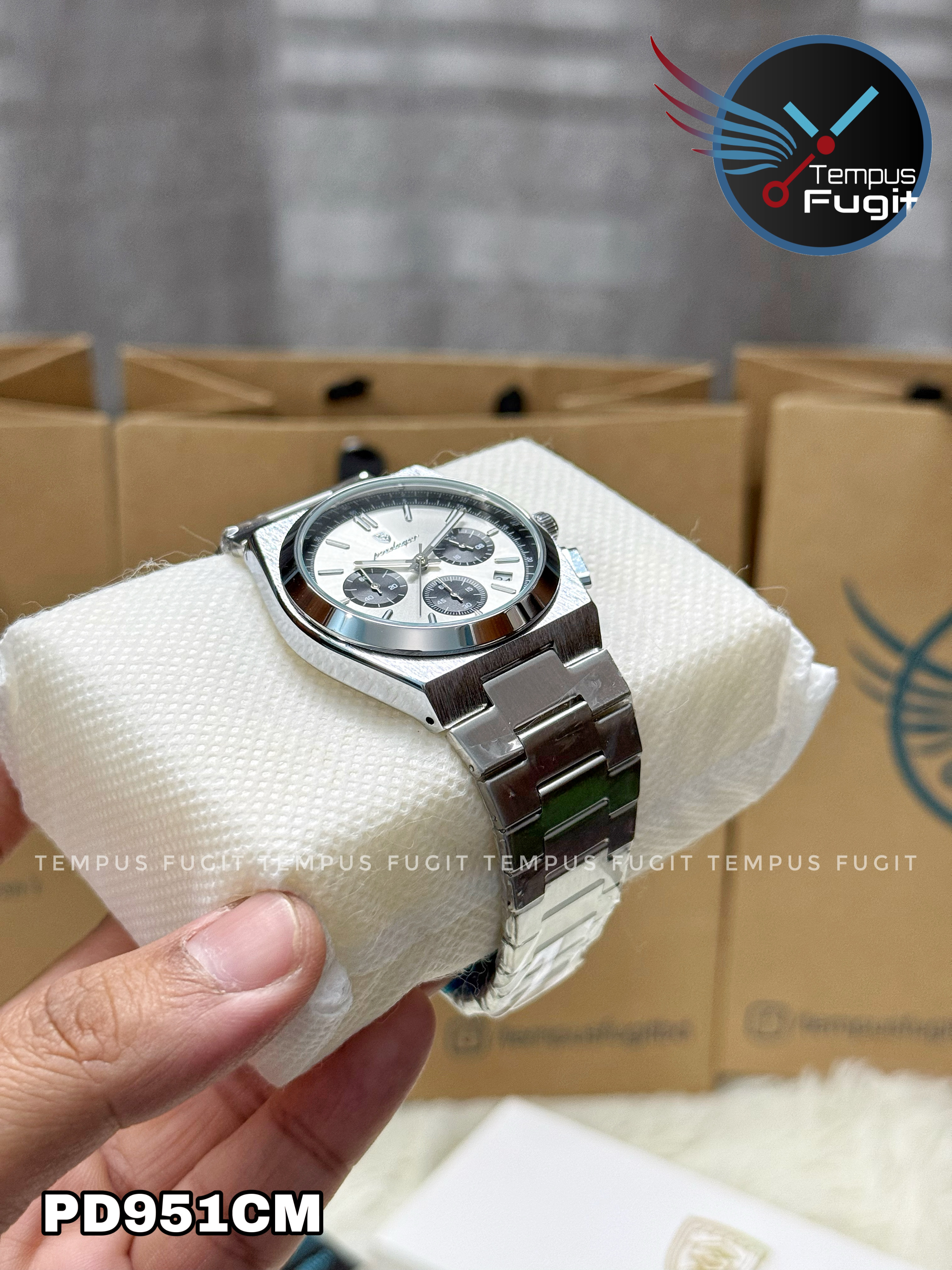 Poedagar 970 Gents Chronograph Chain Watch- Silver+Black Dial- Silver Bezel- Silver Chain- TF Code PD951CM_img_3