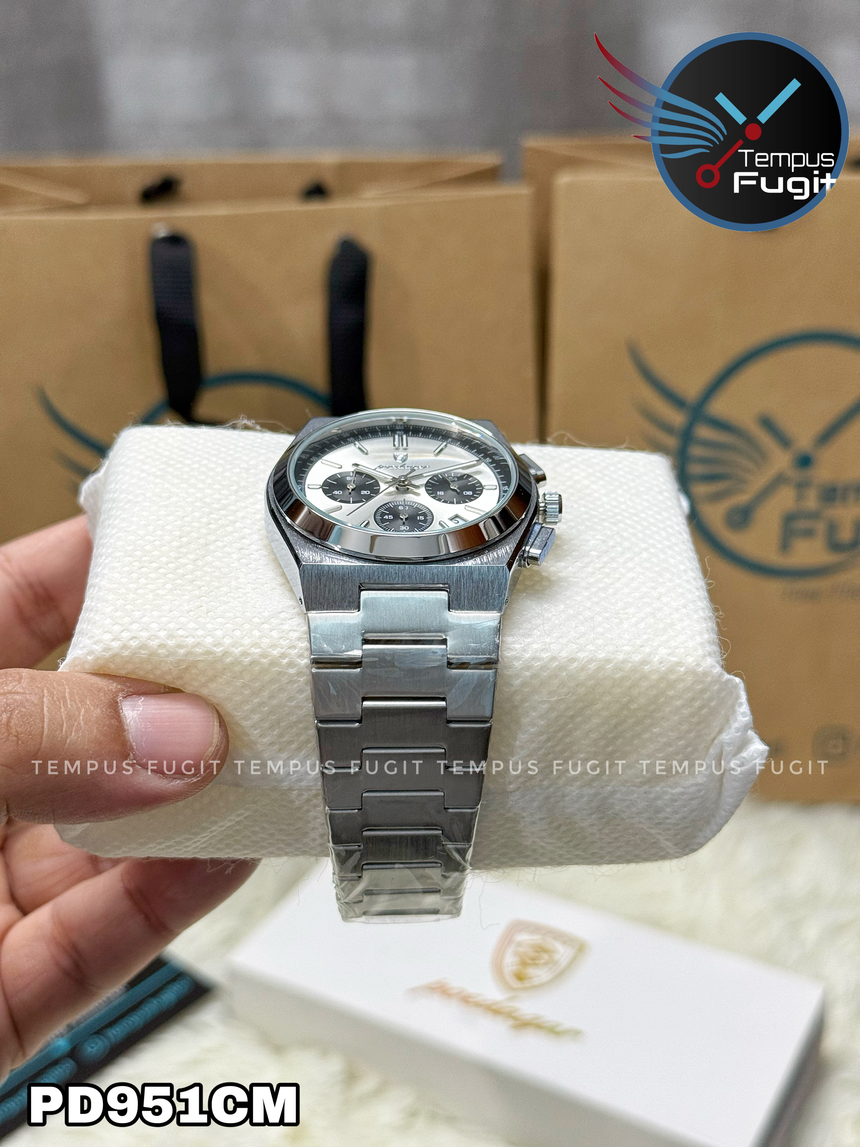 Poedagar 970 Gents Chronograph Chain Watch- Silver+Black Dial- Silver Bezel- Silver Chain- TF Code PD951CM_img_4