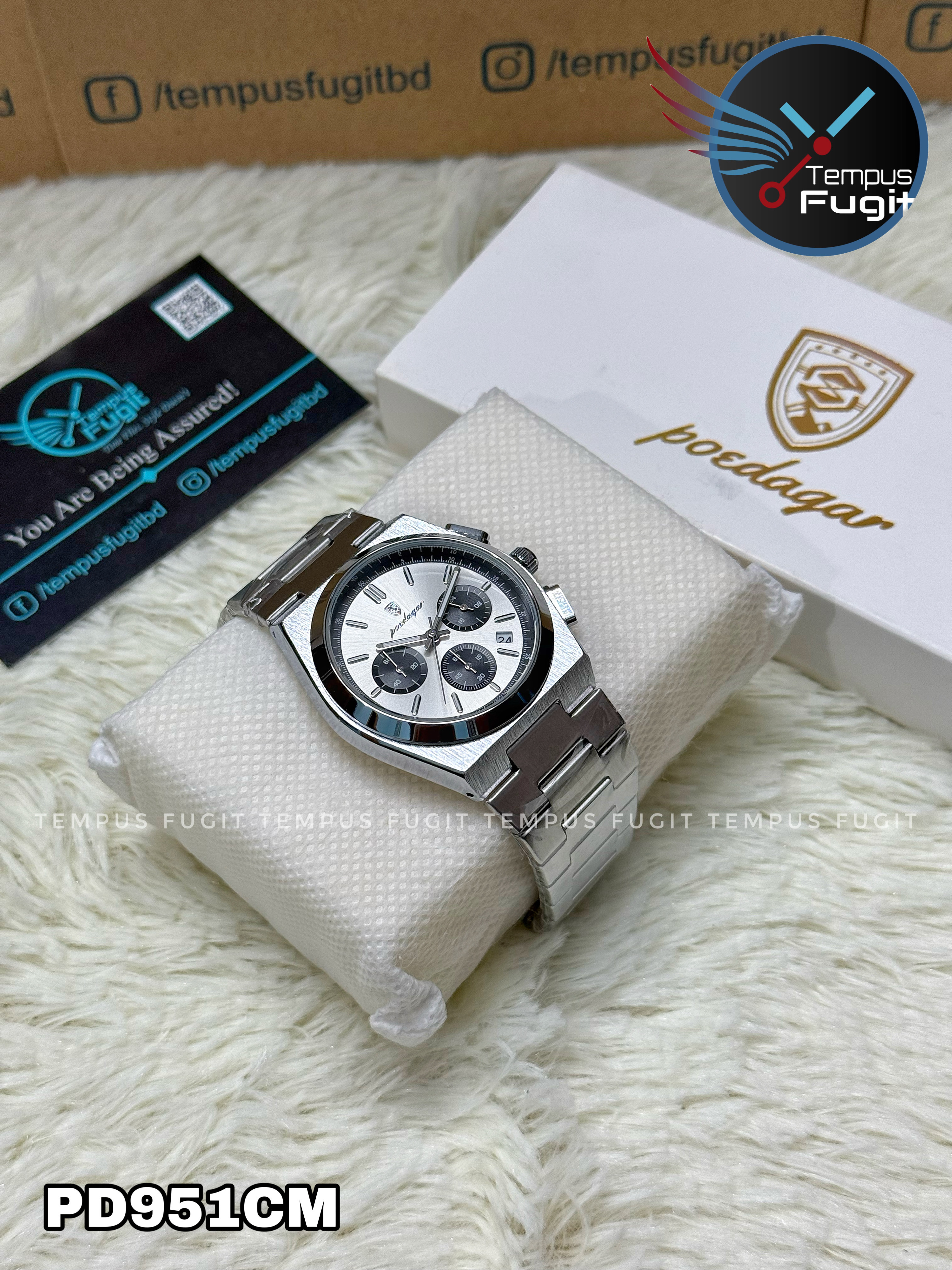 Poedagar 970 Gents Chronograph Chain Watch- Silver+Black Dial- Silver Bezel- Silver Chain- TF Code PD951CM_img_7