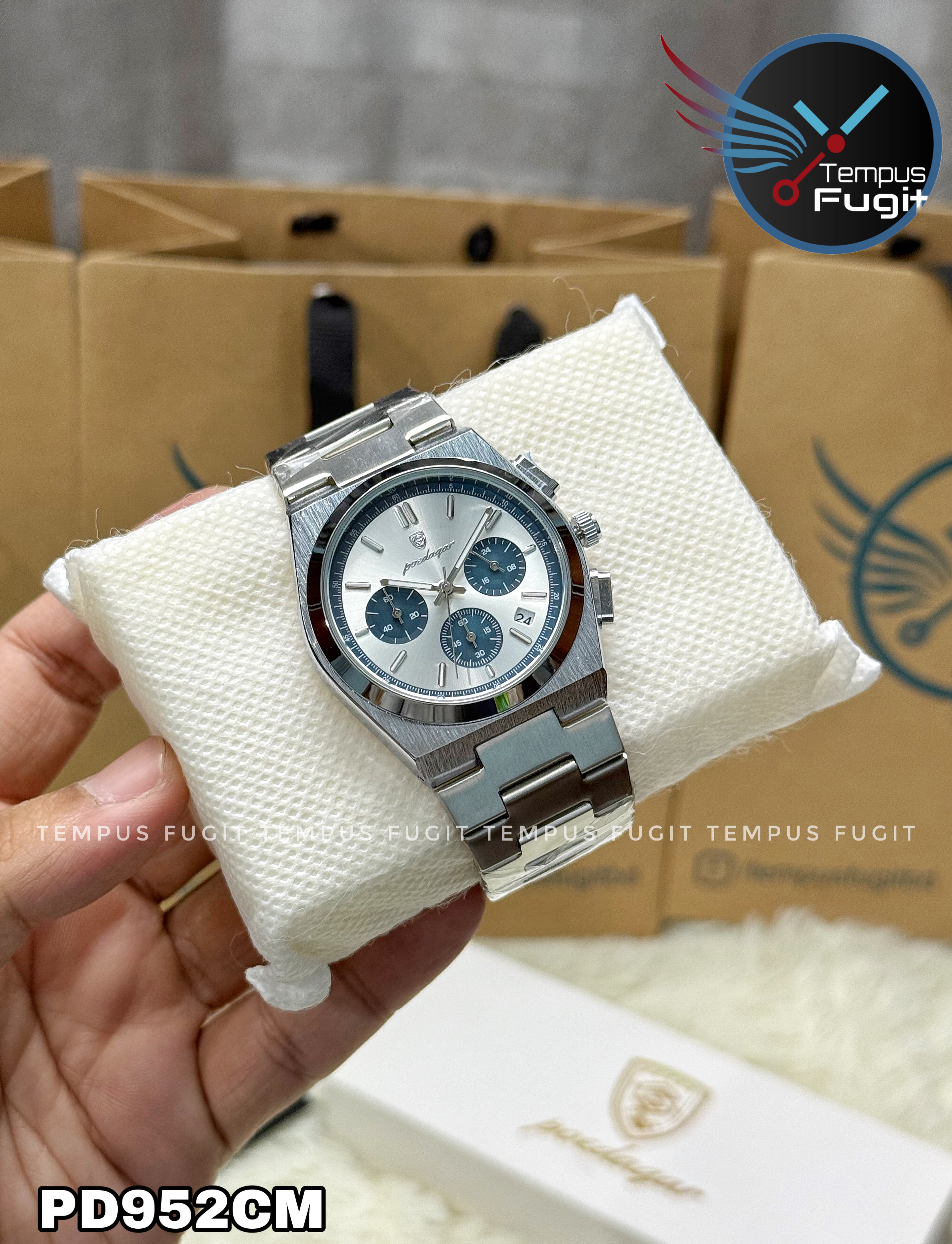 Poedagar 970 Gents Chronograph Chain Watch- Silver+Blue Dial- Silver Bezel- Silver Chain- TF Code PD952CM_img_2
